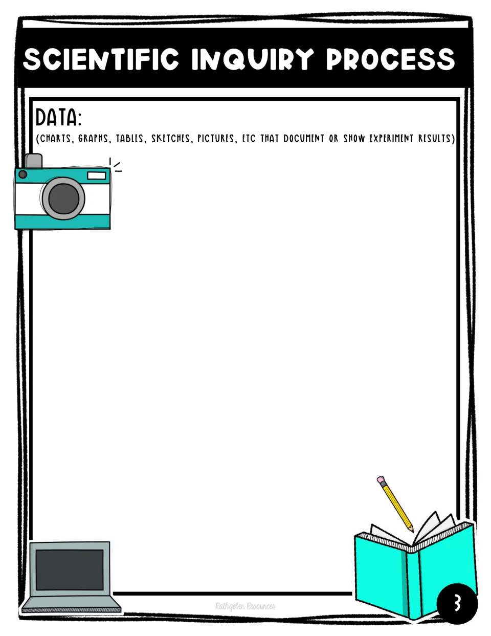 Experiment data page: students record results using their own charts, graphs, tables, sketches or pictures