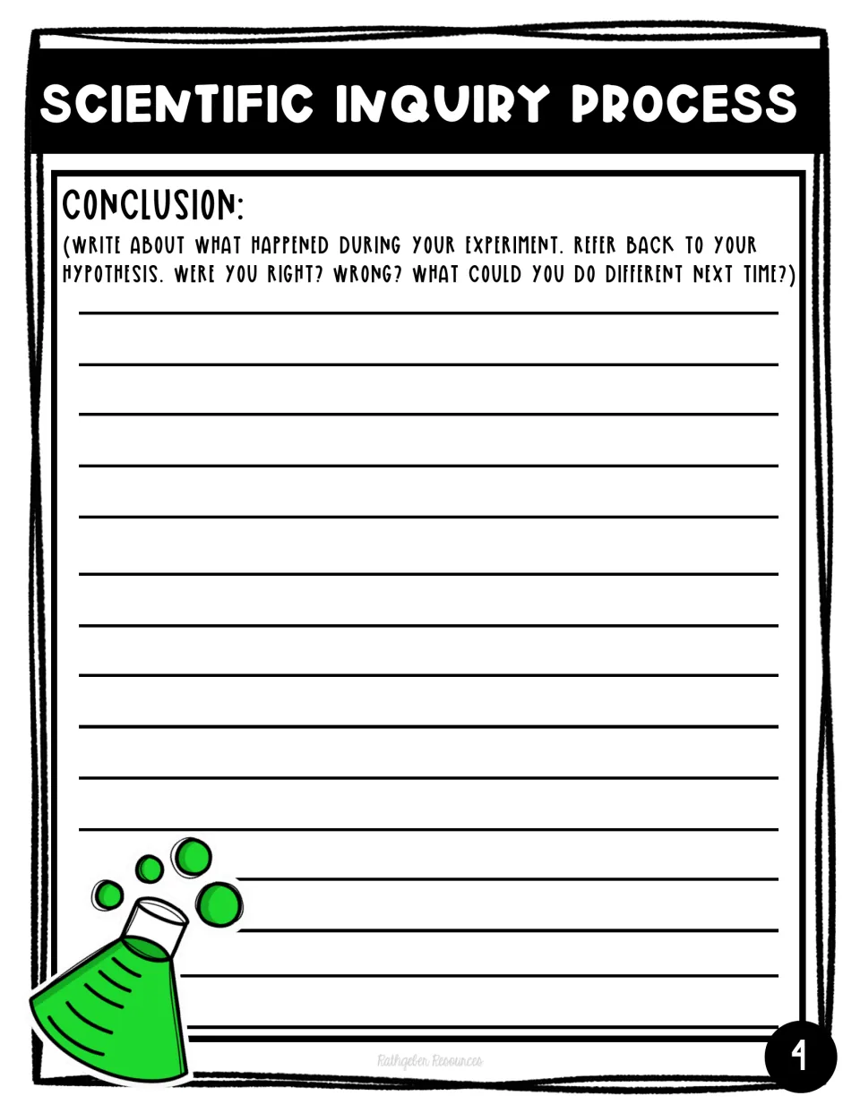Experiment conclusion page: students explain what happened, compare results to their hypothesis and suggest changes