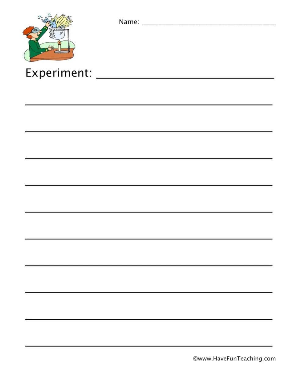 Experiment step: students write out how they ran their test, next to clip art of a scientist heating a flask