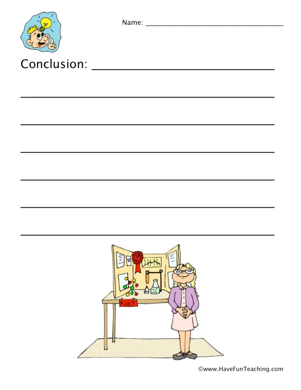 Conclusion step: students write whether their hypothesis was supported and what they learned, beside a science fair scene