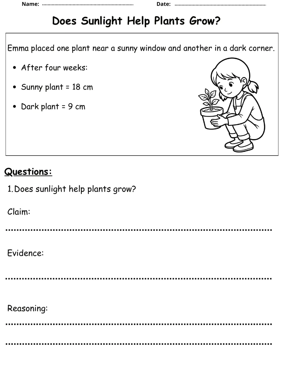 Sunlight and plant growth: students use Emma's results (sunny plant 18 cm, dark plant 9 cm) to write a claim with evidence