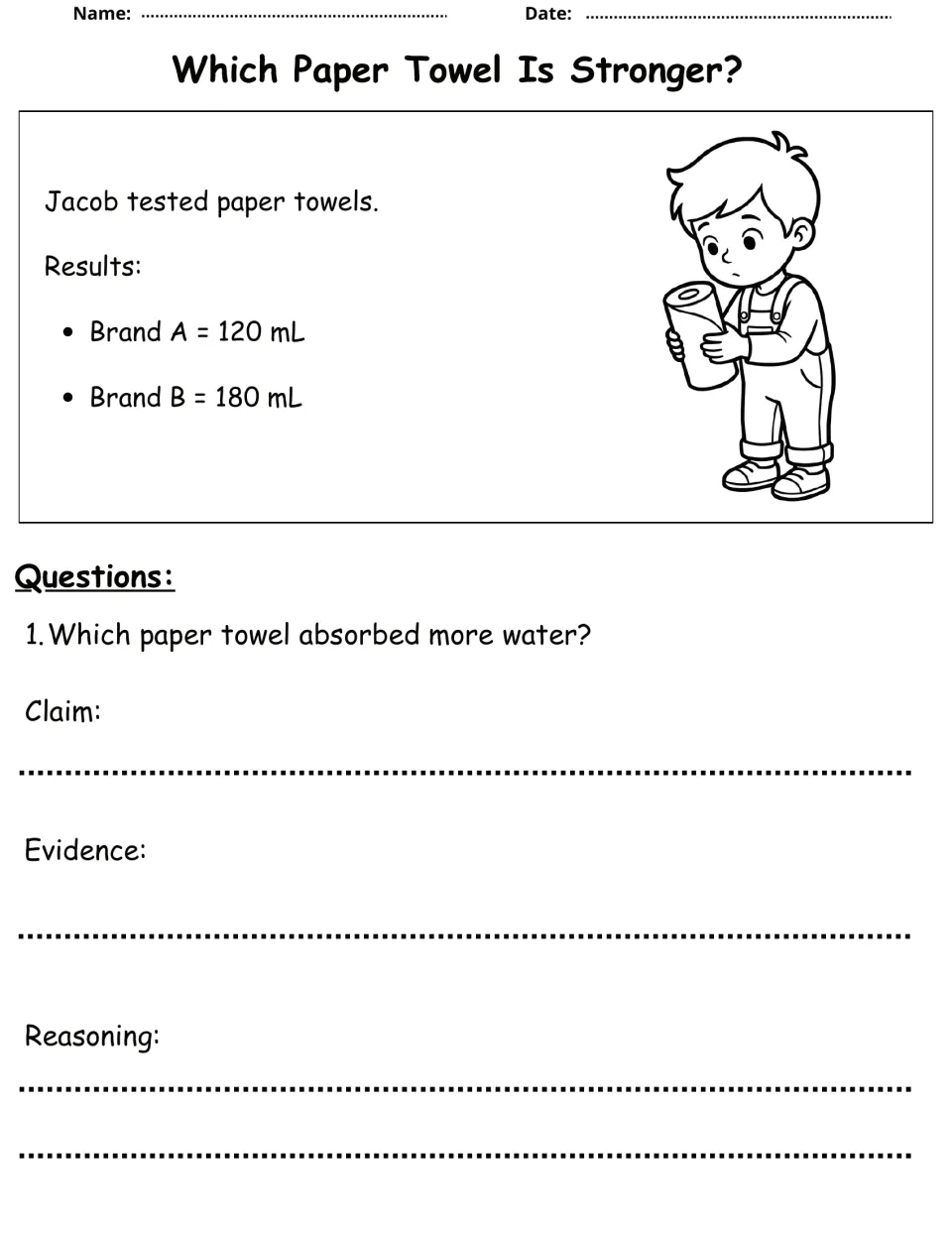 Paper towel test: students compare water absorbed by Brand A (120 mL) and Brand B (180 mL) to say which is stronger