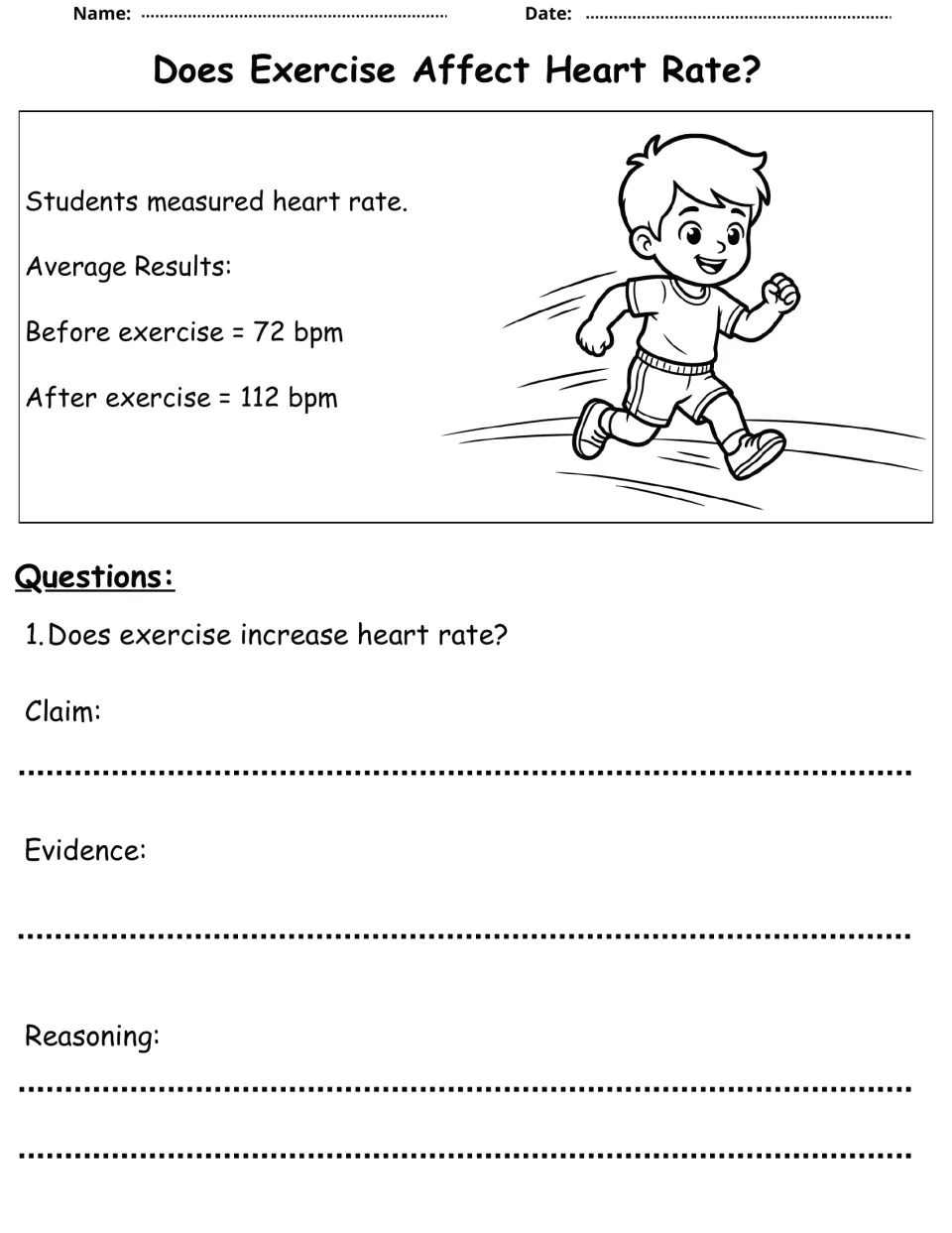 Exercise and heart rate: students cite average data of 72 bpm before and 112 bpm after exercise to support their answer