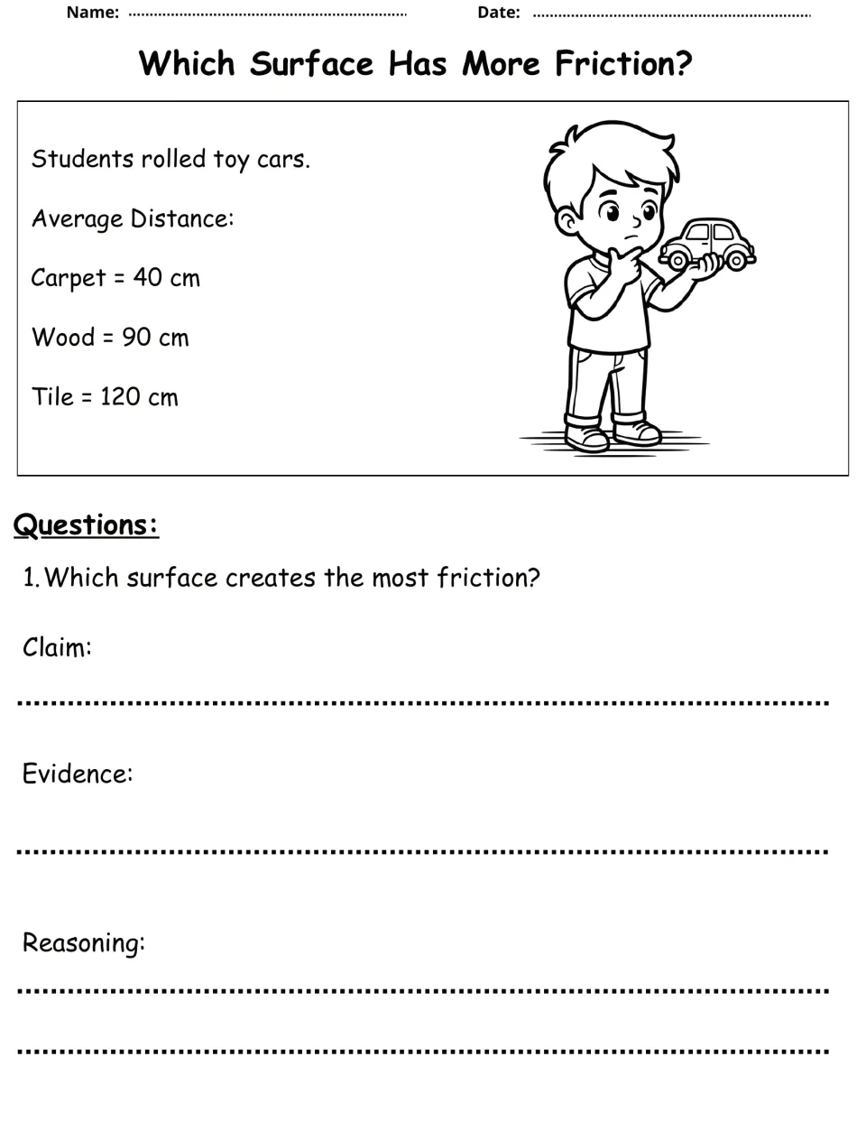 Friction: students compare toy car distances on carpet (40 cm), wood (90 cm) and tile (120 cm) to find the most friction