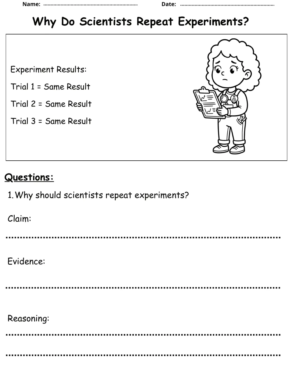 Repeating experiments: students explain why scientists retest, citing three trials that each gave the same result