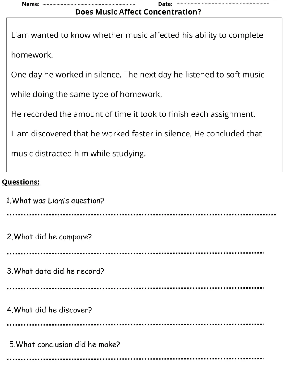Does Music Affect Concentration? Students read Liam's homework timing test and answer 5 questions on his data and result