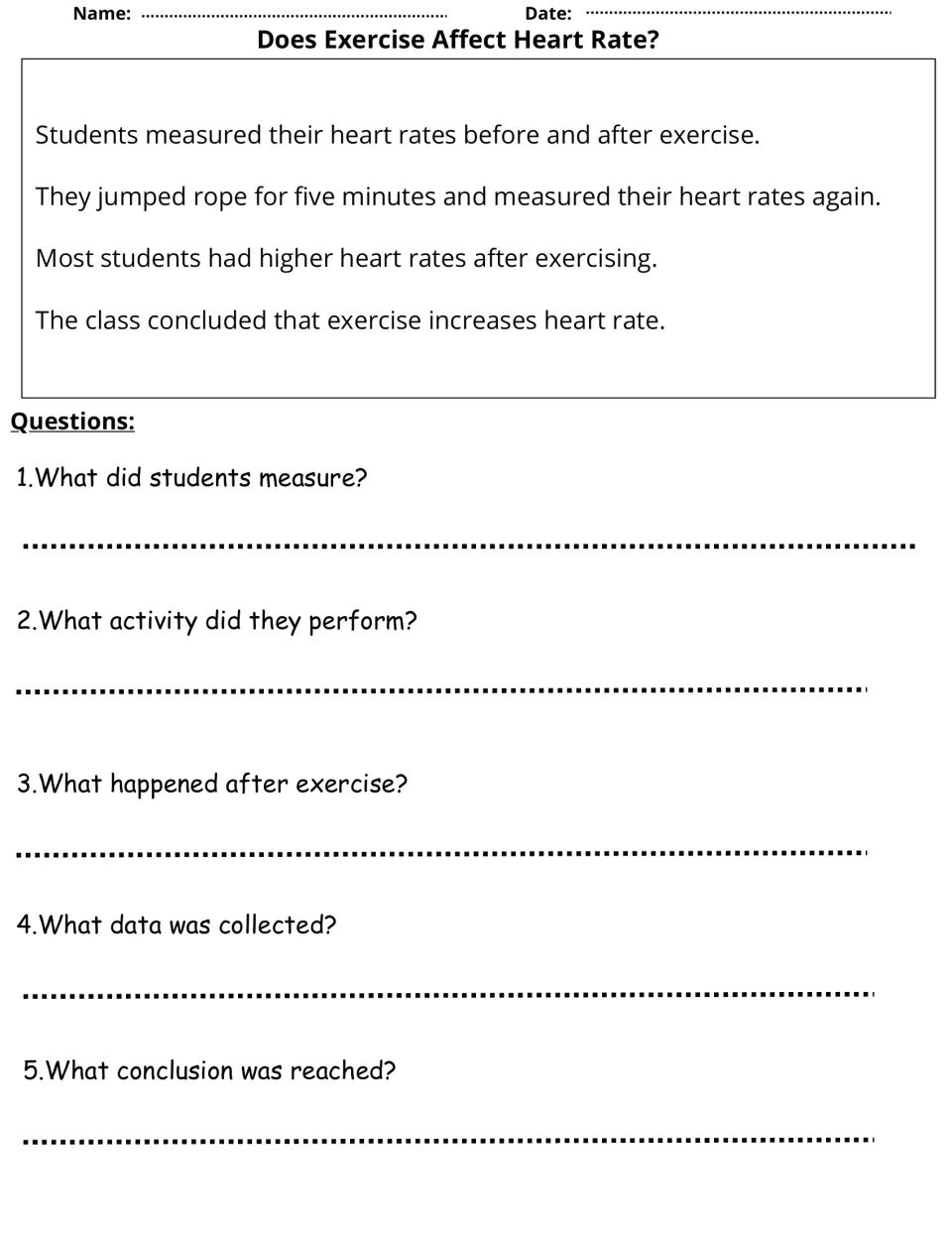 Does Exercise Affect Heart Rate? Students read a jump-rope heart rate test and answer 5 questions on its data and conclusion
