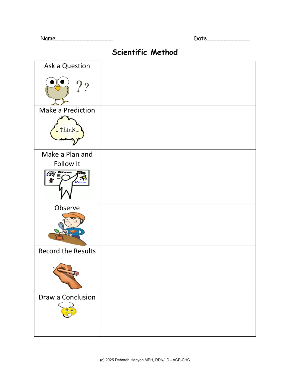 Illustrated scientific method steps: students record each experiment stage beside picture cues like an owl and a magnifier