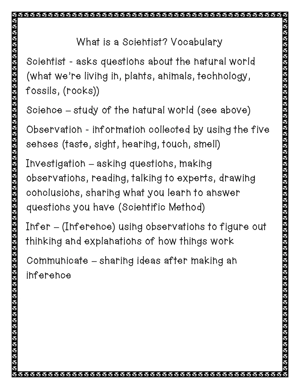 What is a Scientist? vocabulary: definitions of scientist, science, observation, investigation, infer and communicate