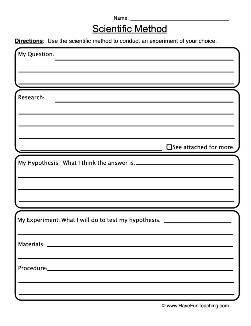 Scientific method planner: students write their question, research, hypothesis, materials and procedure for an experiment
