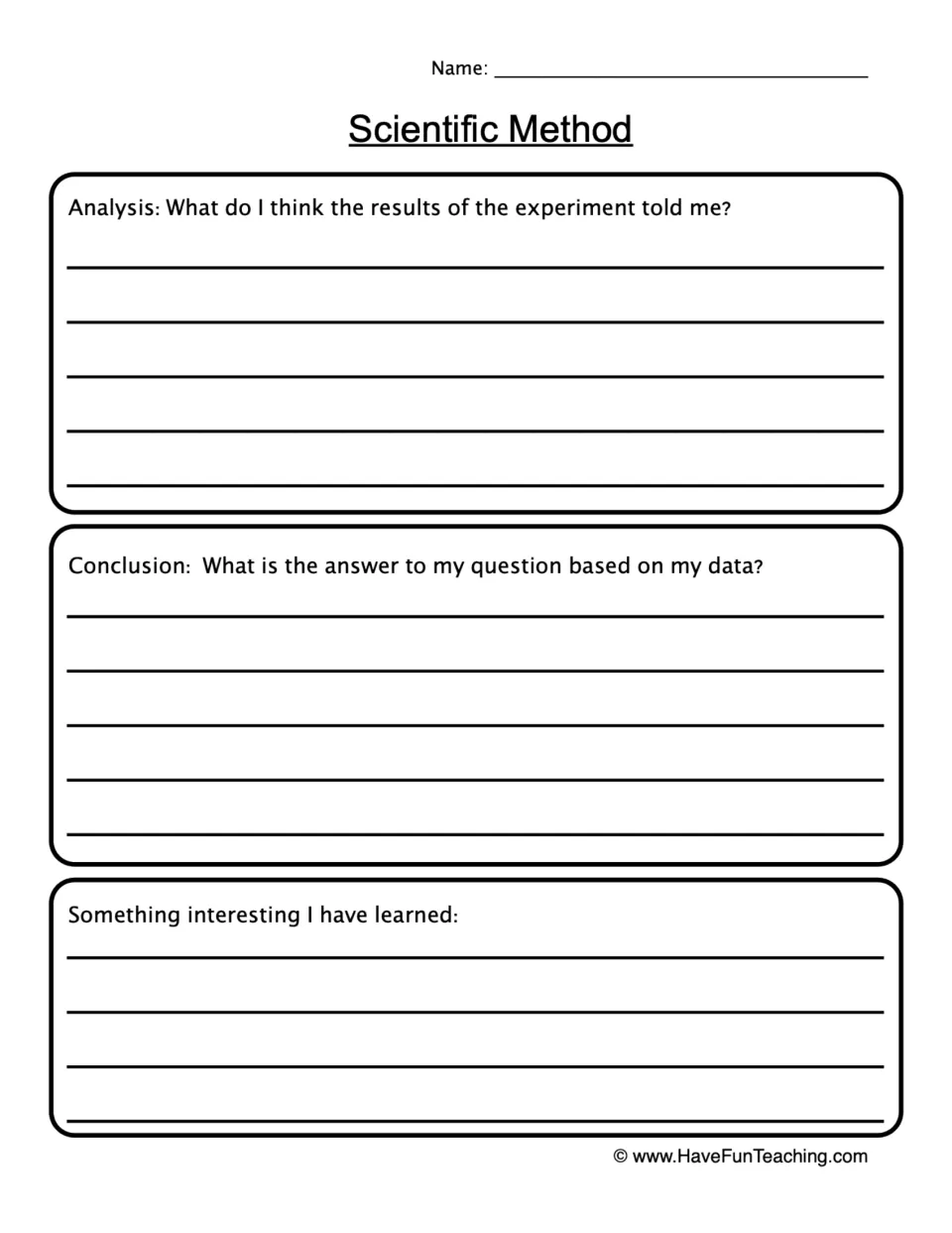 Scientific method wrap-up: students analyze results, answer their question from data and note something learned