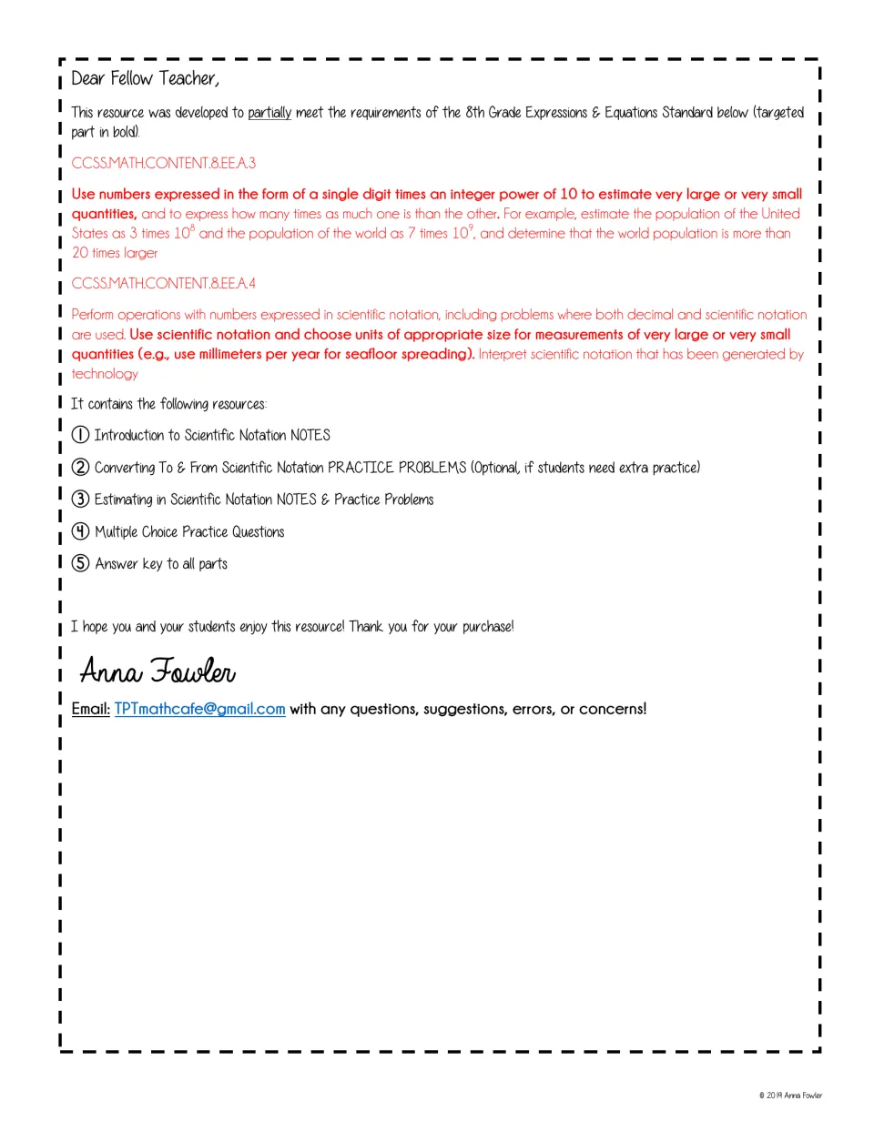 Teacher letter listing the five parts: intro notes, conversion practice, estimating notes, multiple choice, answer key