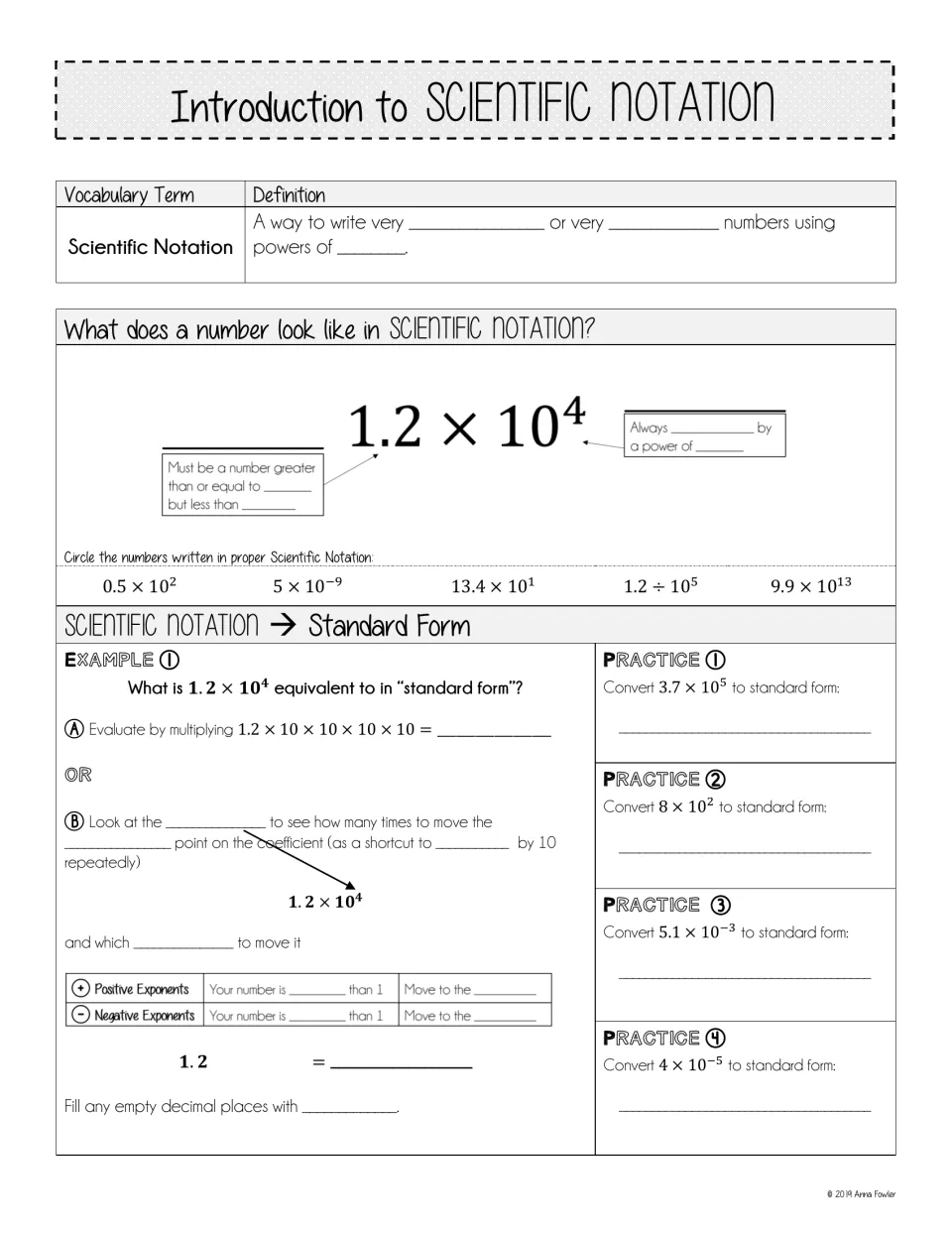 Intro to scientific notation notes: fill-in definition, circle proper forms, then convert 4 practice items to standard form