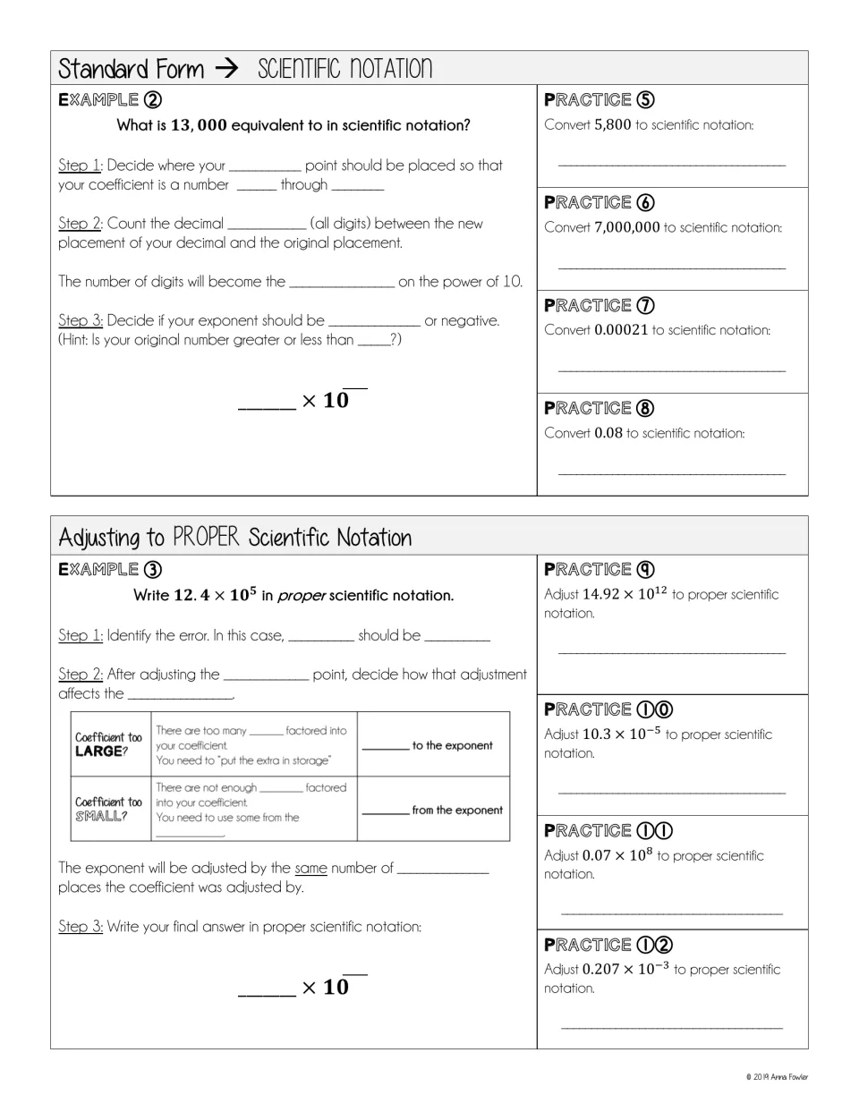 Standard form to scientific notation steps, plus adjusting to proper form; students solve Practice 5 through 12