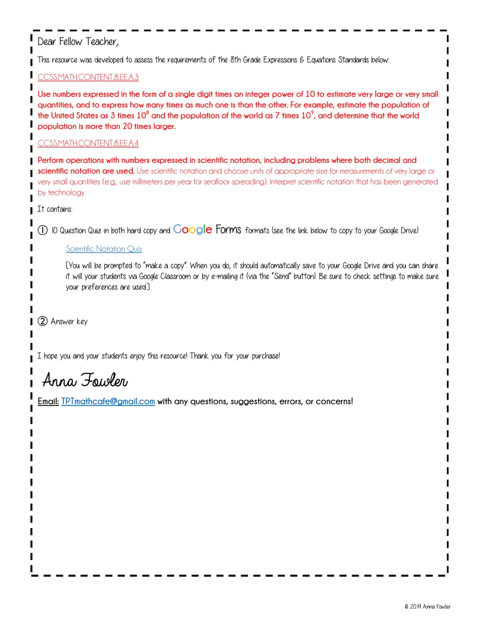 Teacher note on the scientific notation quiz contents: 10 questions in print and Google Forms, plus an answer key