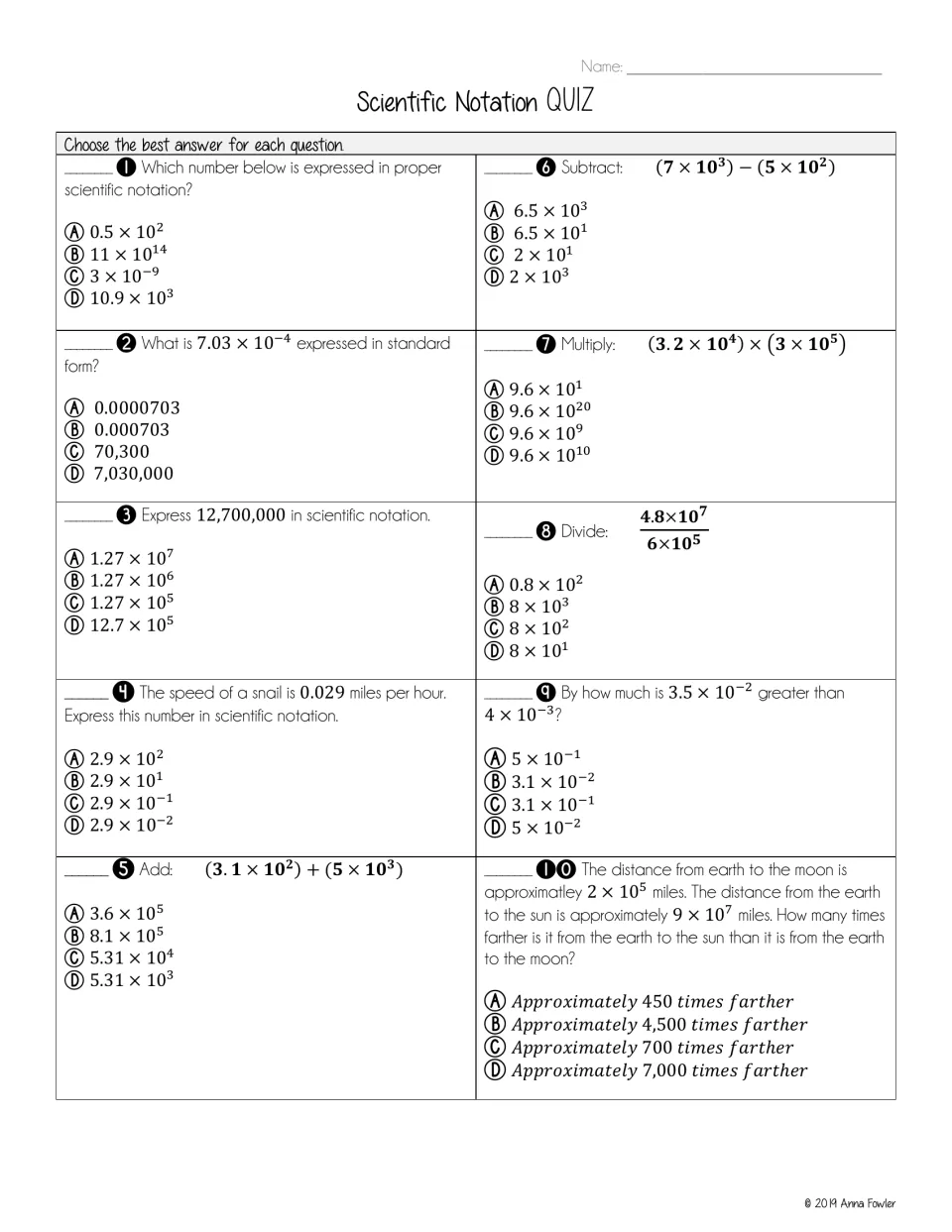 Scientific notation multiple-choice quiz: 10 items on converting forms and adding, subtracting, multiplying and dividing