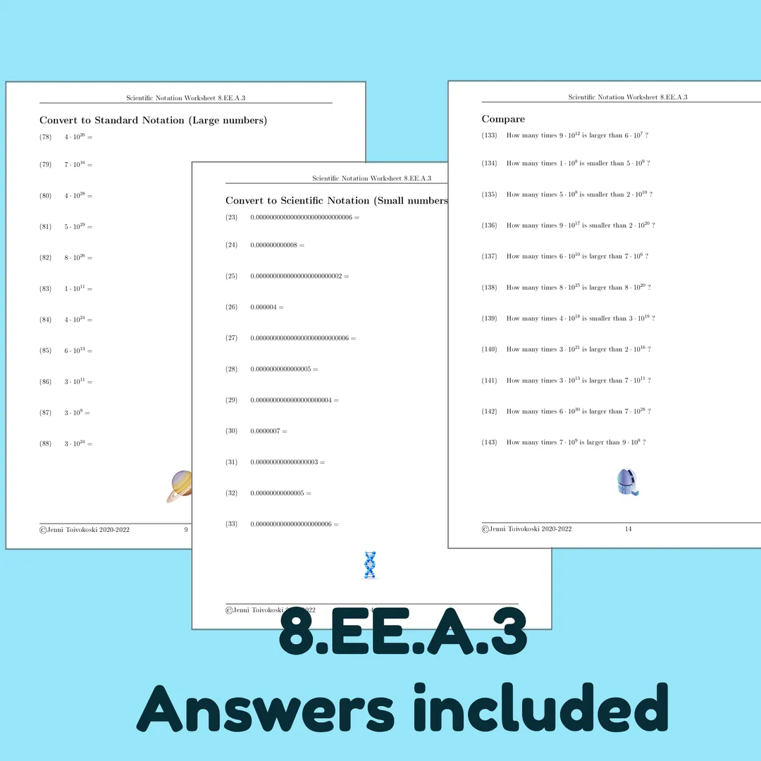 Scientific Notation Worksheet for 8.EE.A.3 – cover