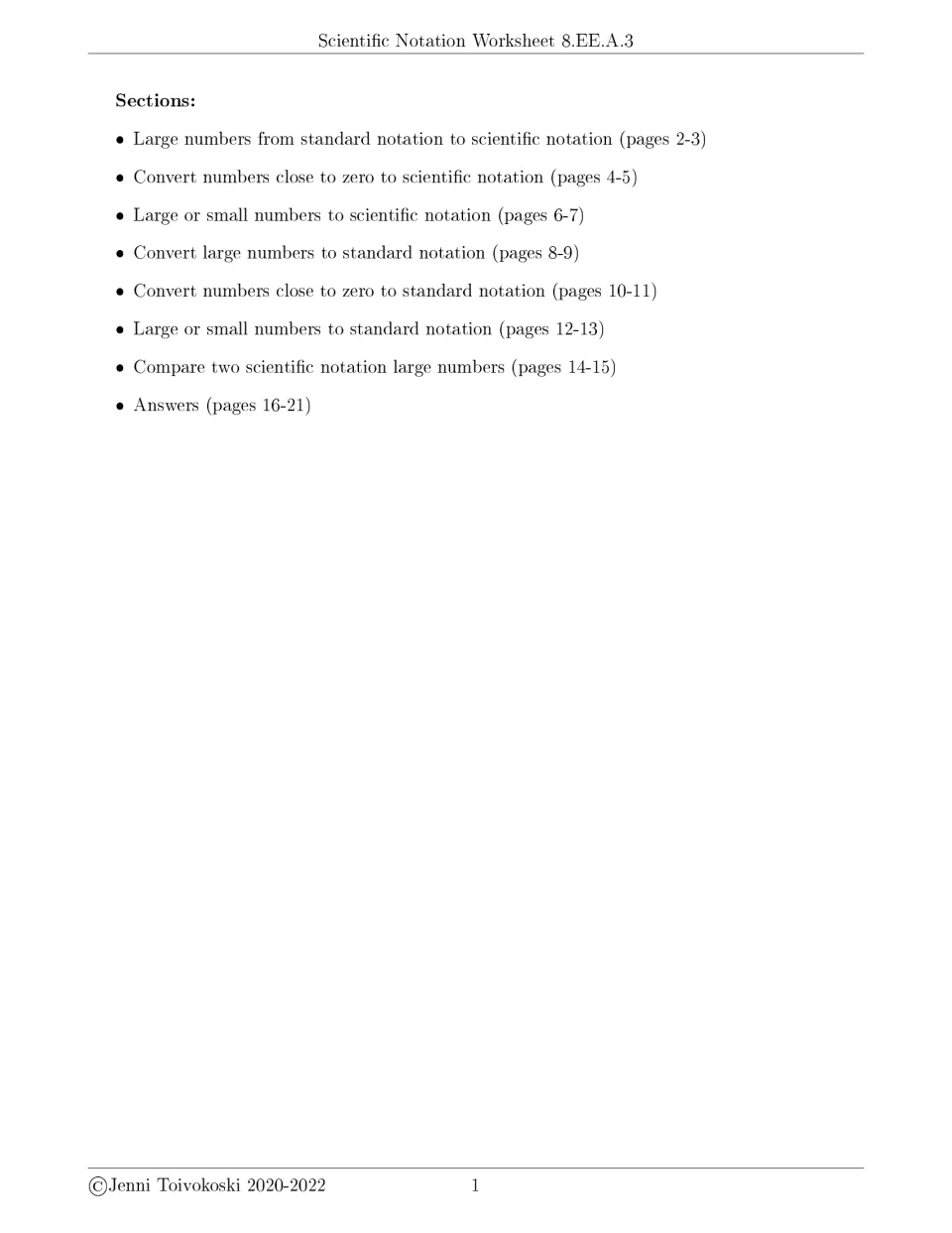 Scientific notation contents list: seven conversion and comparison sections on pages 2-15, with answers on pages 16-21