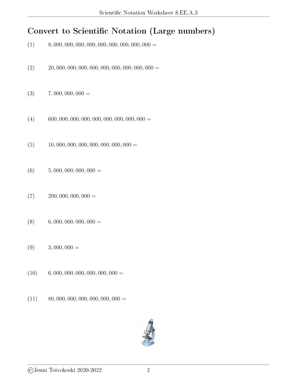 Large numbers to scientific notation: students rewrite 11 numbers, from 3,000,000 up to 8 followed by 27 zeros