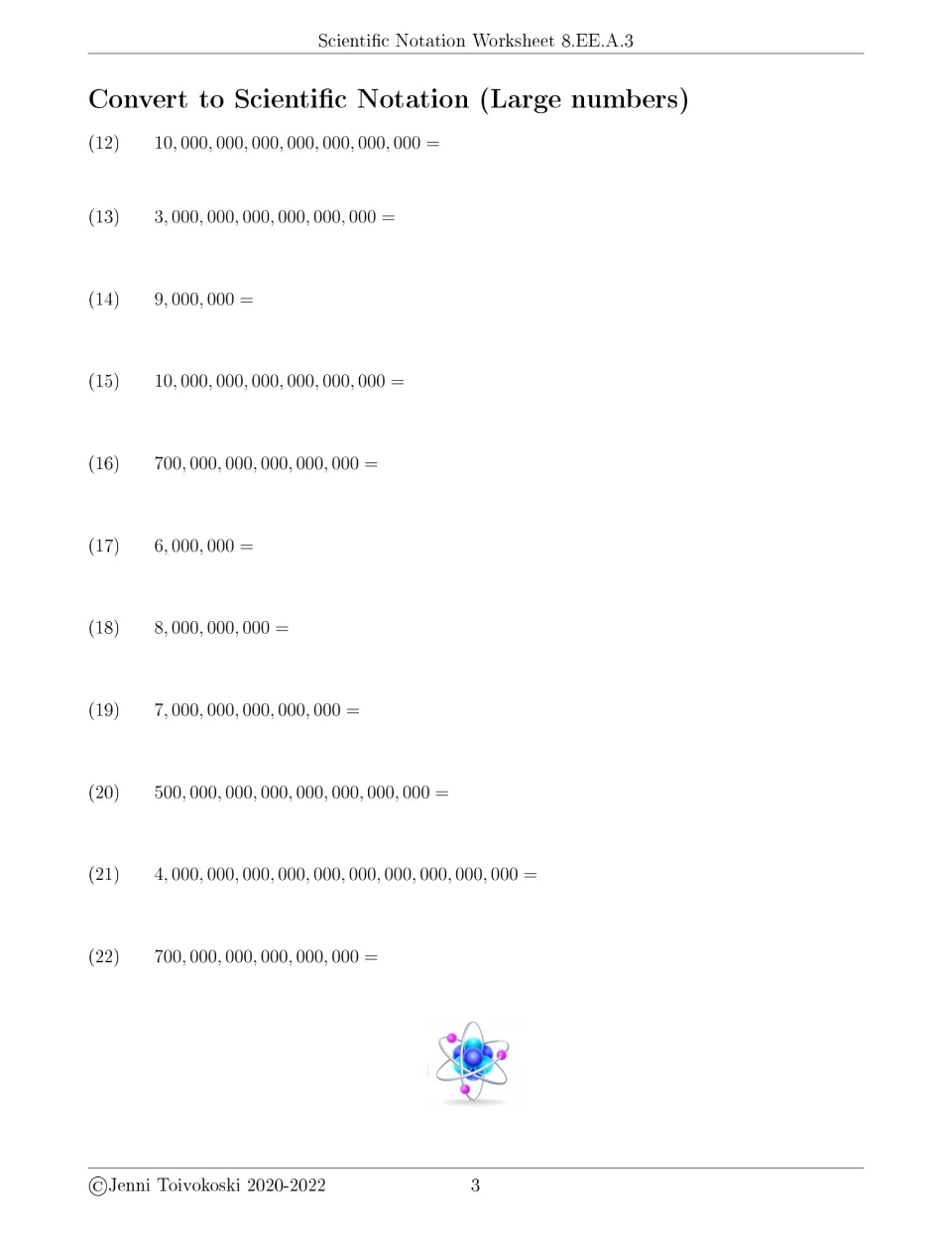 Large numbers continued: items 12-22 convert values such as 9,000,000 and 700 quadrillion into scientific notation