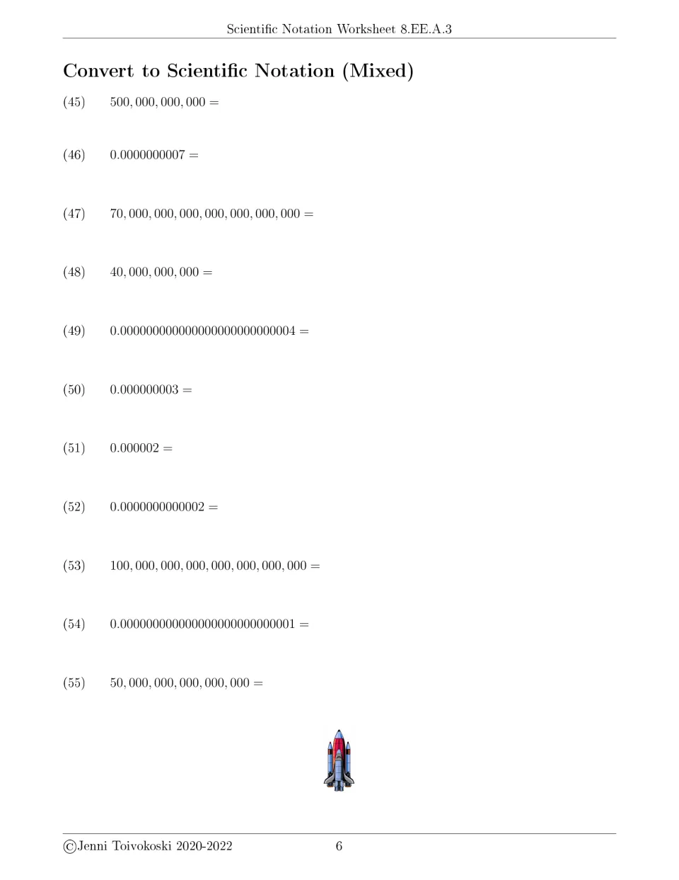Mixed conversion set: items 45-55 alternate large whole numbers and tiny decimals for students to write in scientific form