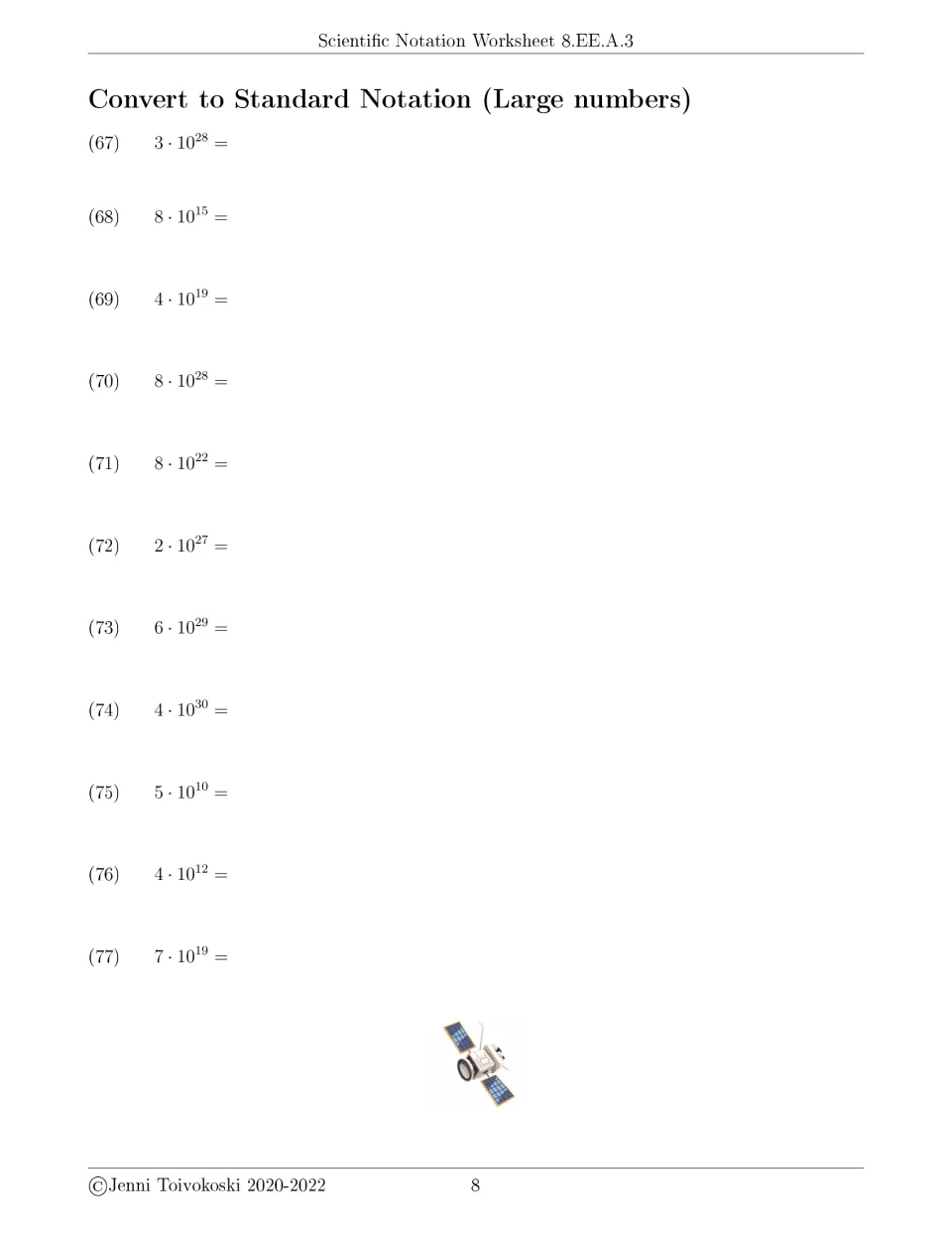 Powers of ten written out: students expand 11 values such as 3 x 10^28 and 5 x 10^10 into whole numbers with every zero