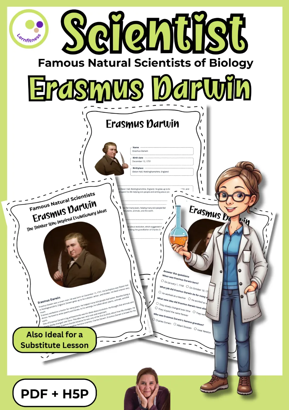 Erasmus Darwin resource cover showing sample reading, fact sheet, and quiz pages, labeled PDF + H5P