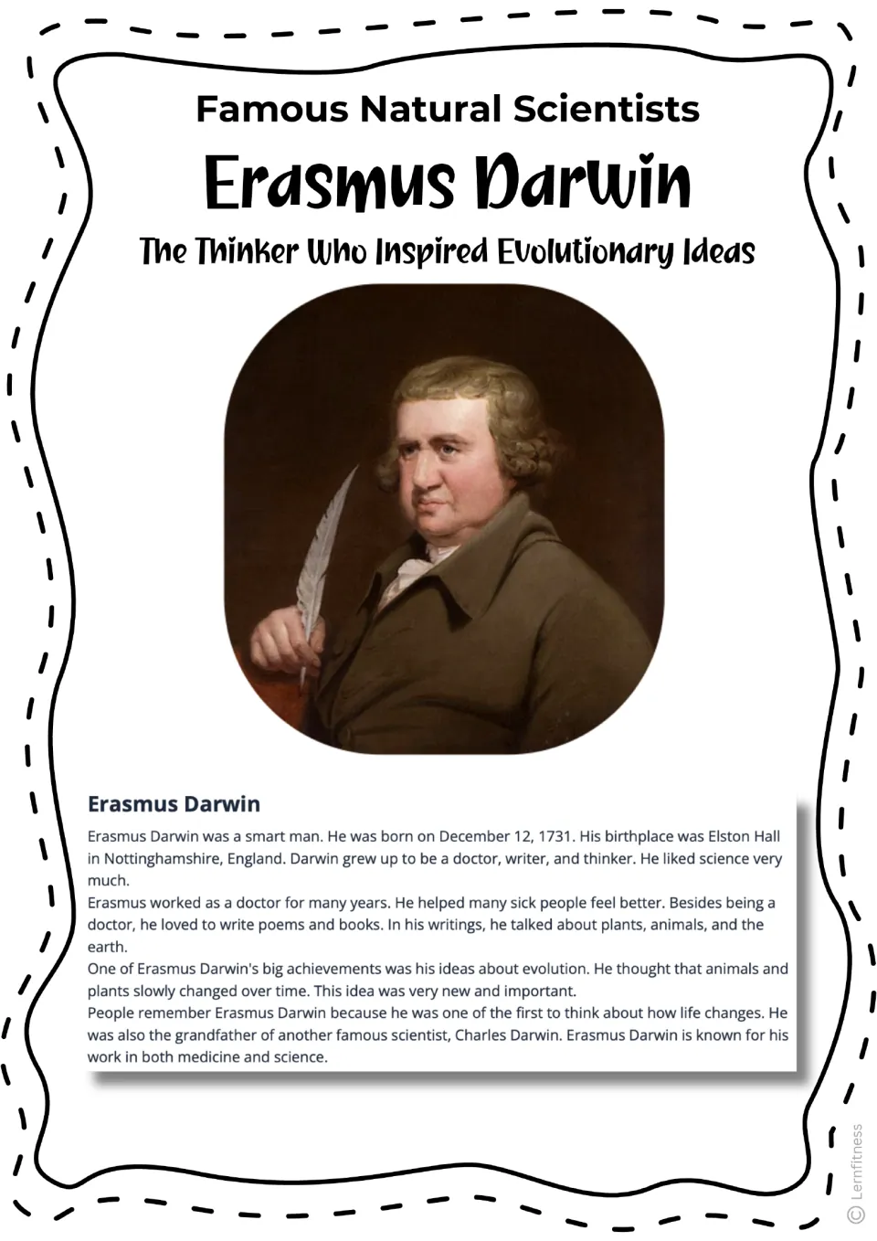 Erasmus Darwin biography reading with a color portrait, covering his medical work and early evolutionary ideas