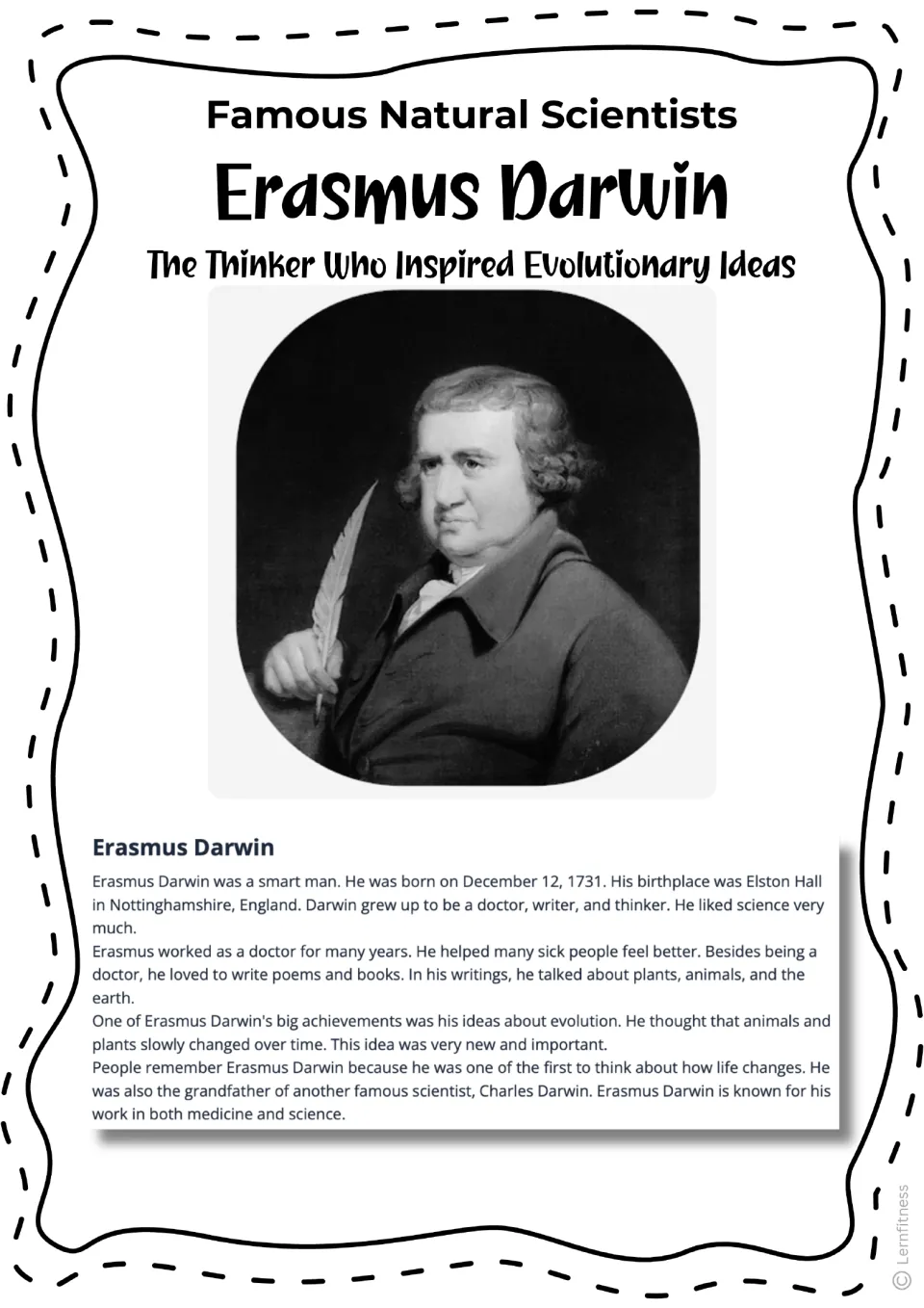 Erasmus Darwin biography reading with a grayscale portrait, describing his writing and link to Charles Darwin