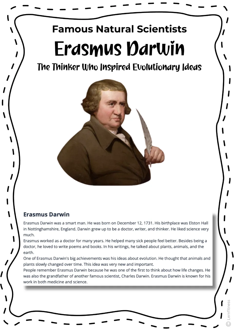 Erasmus Darwin biography reading with a color cutout portrait and facts about his life, work, and evolution