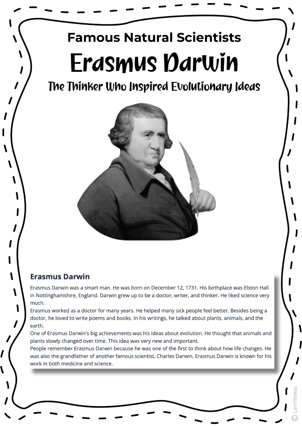Erasmus Darwin biography reading with a grayscale cutout portrait, tracing his work in medicine and science