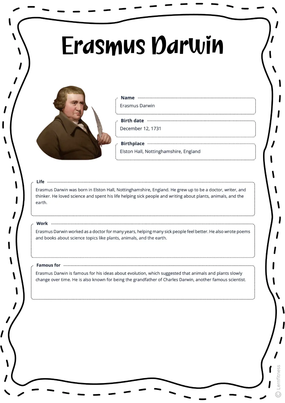 Completed Erasmus Darwin fact sheet with a color portrait, birth details, and summaries of his life and work
