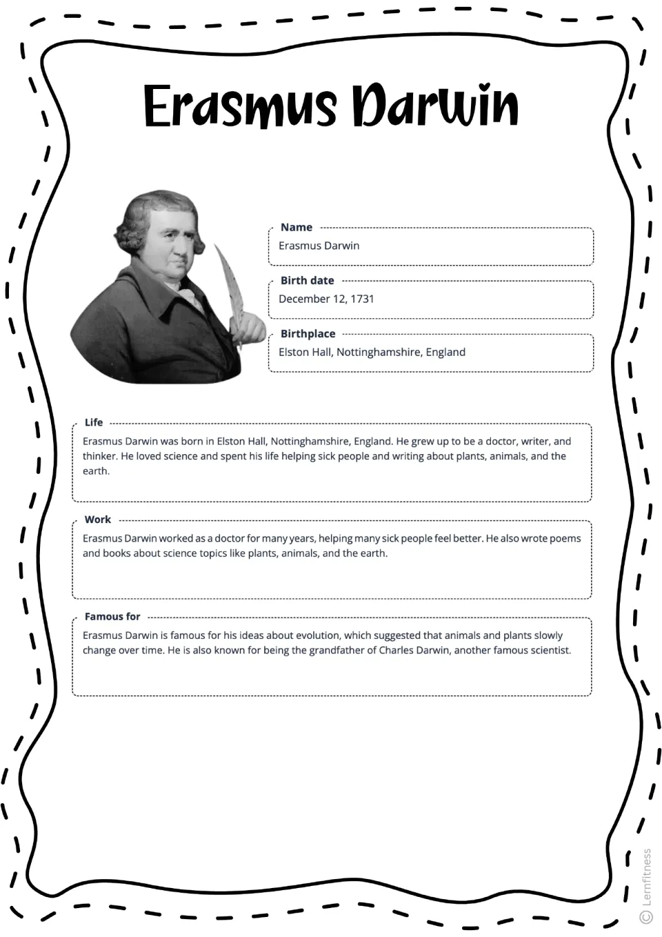 Completed Erasmus Darwin fact sheet with a grayscale portrait and facts about his life and evolutionary ideas