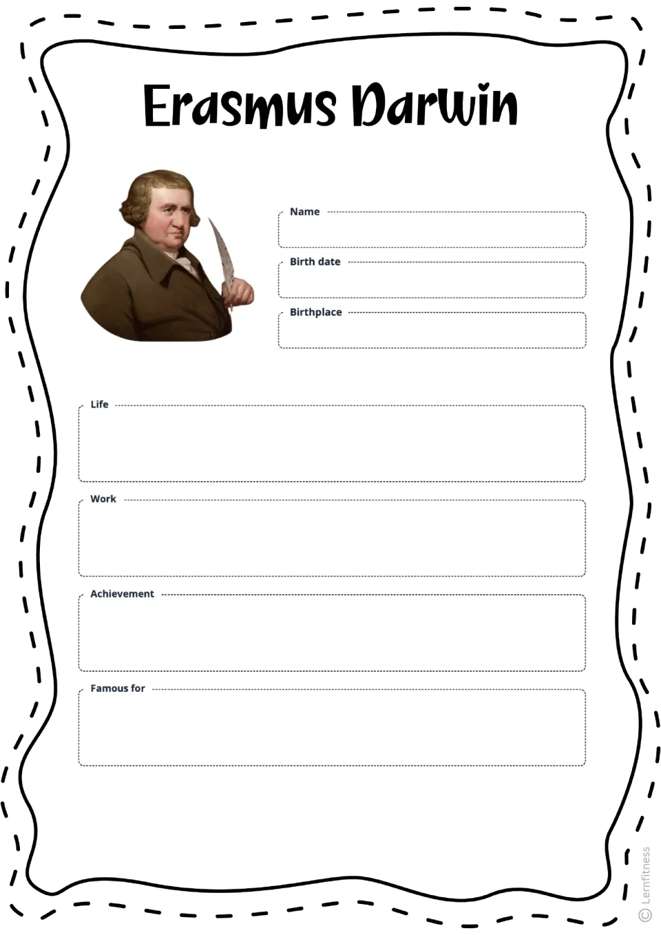 Blank Erasmus Darwin fact sheet with a color portrait and prompts for birth details, life, work, and achievements