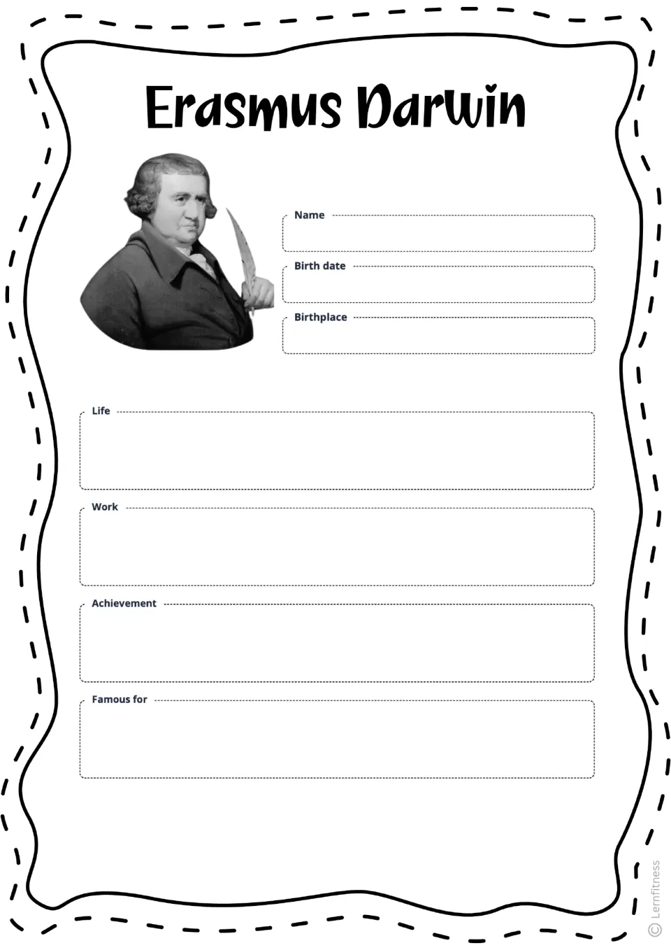 Blank Erasmus Darwin fact sheet with a grayscale portrait and prompts for life, work, achievements, and fame