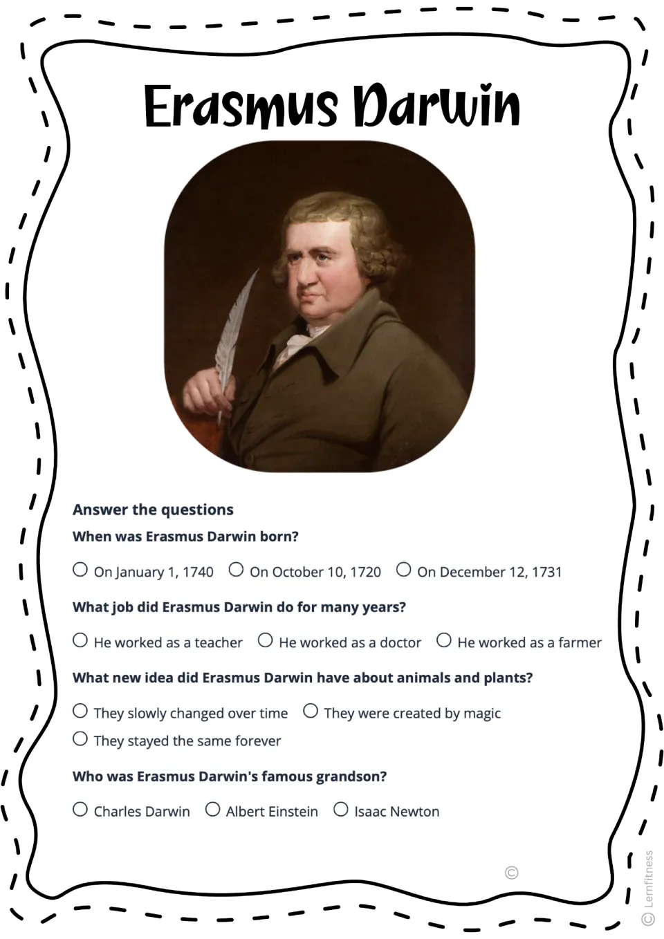 Erasmus Darwin quiz with four multiple-choice questions on his birth date, job, evolutionary idea, and grandson