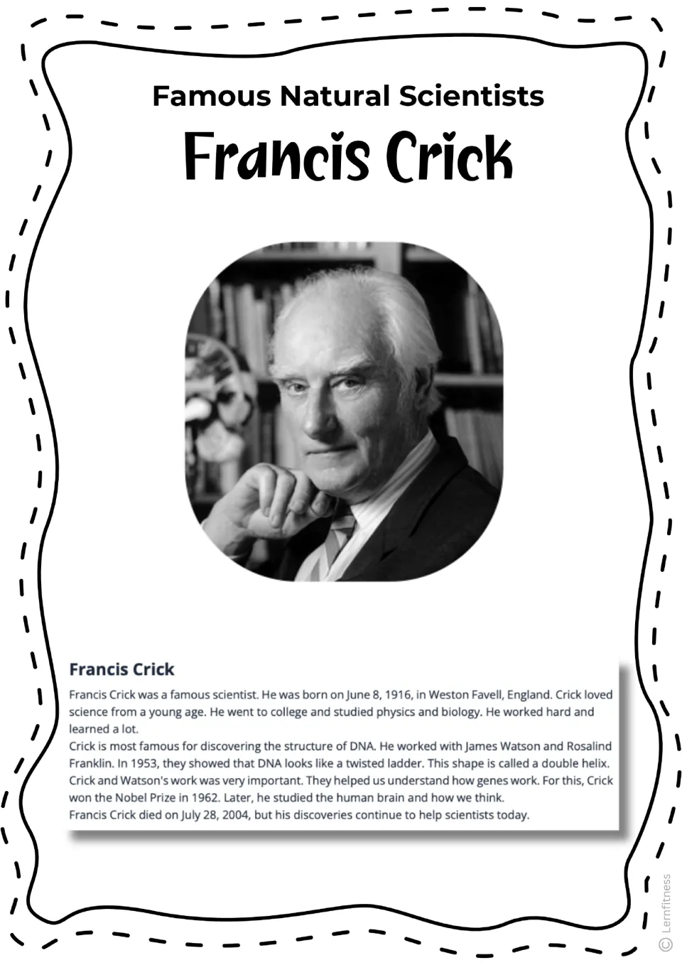 Francis Crick biography with a black-and-white portrait, covering his life, DNA research, and brain studies