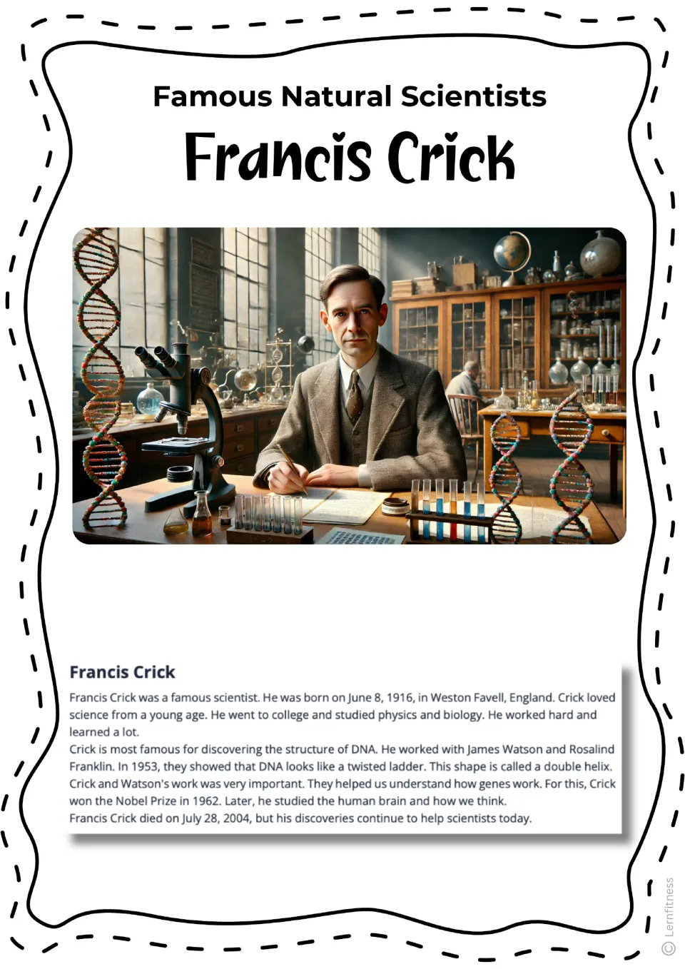 Francis Crick biography with a color laboratory illustration, explaining DNA's twisted ladder shape