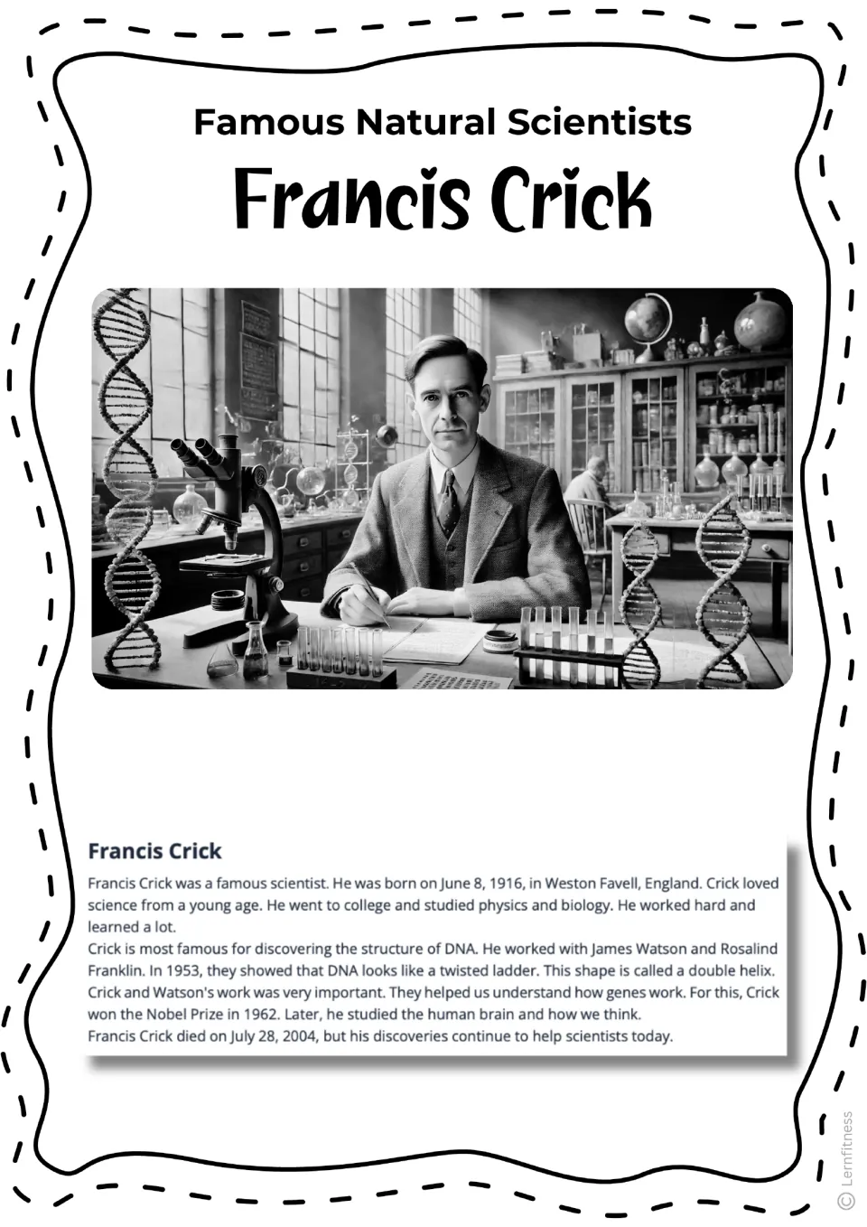 Francis Crick biography with a black-and-white laboratory illustration and text on discovering DNA's structure