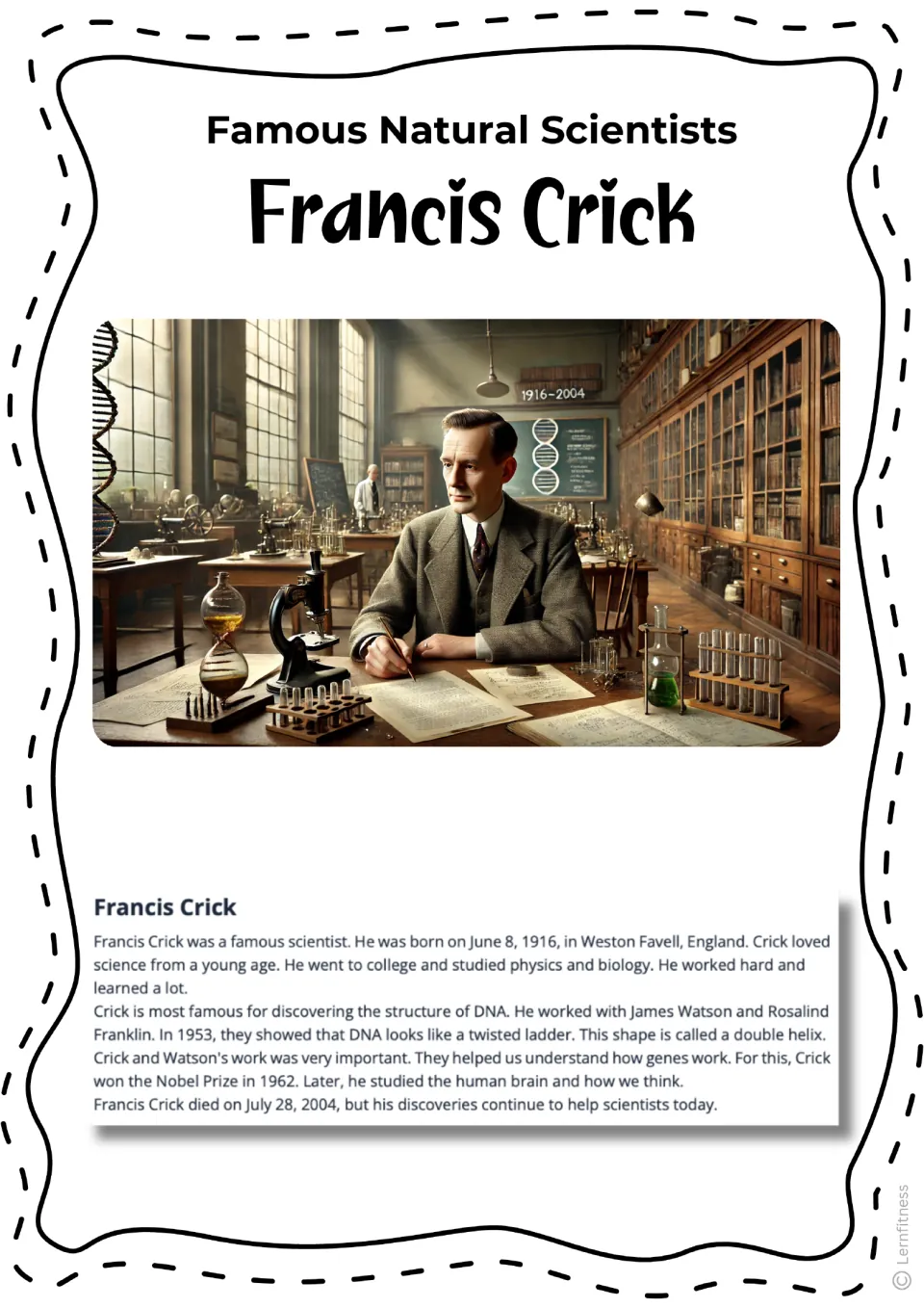 Francis Crick biography with an alternate color laboratory scene, covering his life and work on DNA