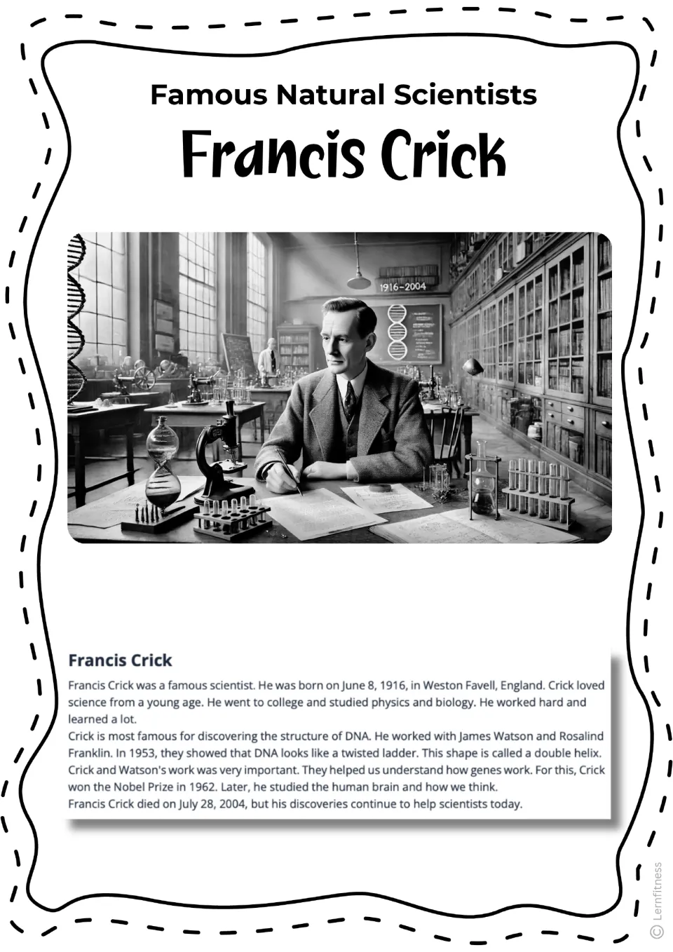 Francis Crick biography with an alternate black-and-white laboratory scene and the repeated life story
