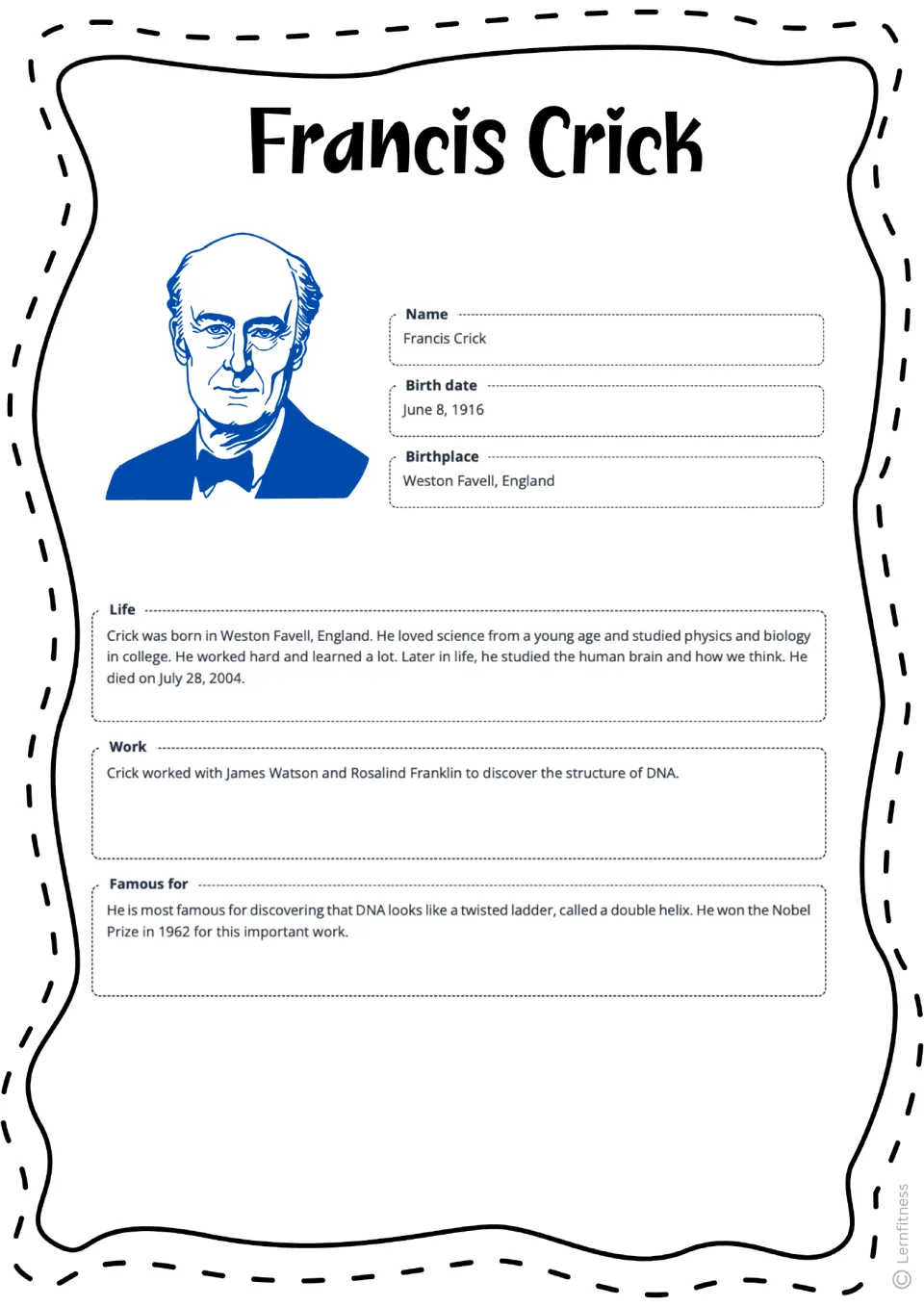 Completed Francis Crick fact sheet with a blue portrait, birth details, life summary, work, and claim to fame