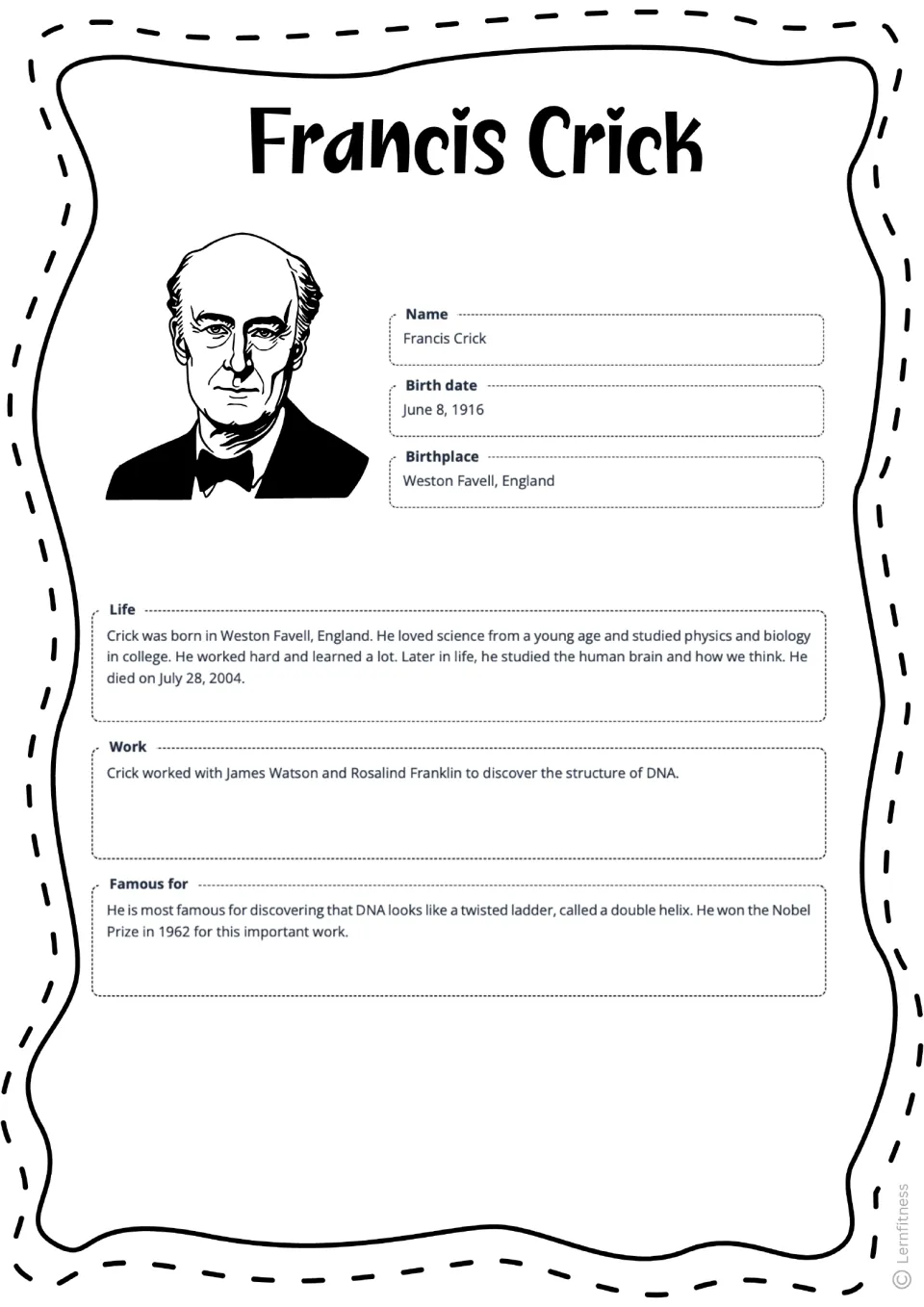 Completed Francis Crick fact sheet with a black portrait, summarizing his life, DNA work, and Nobel Prize