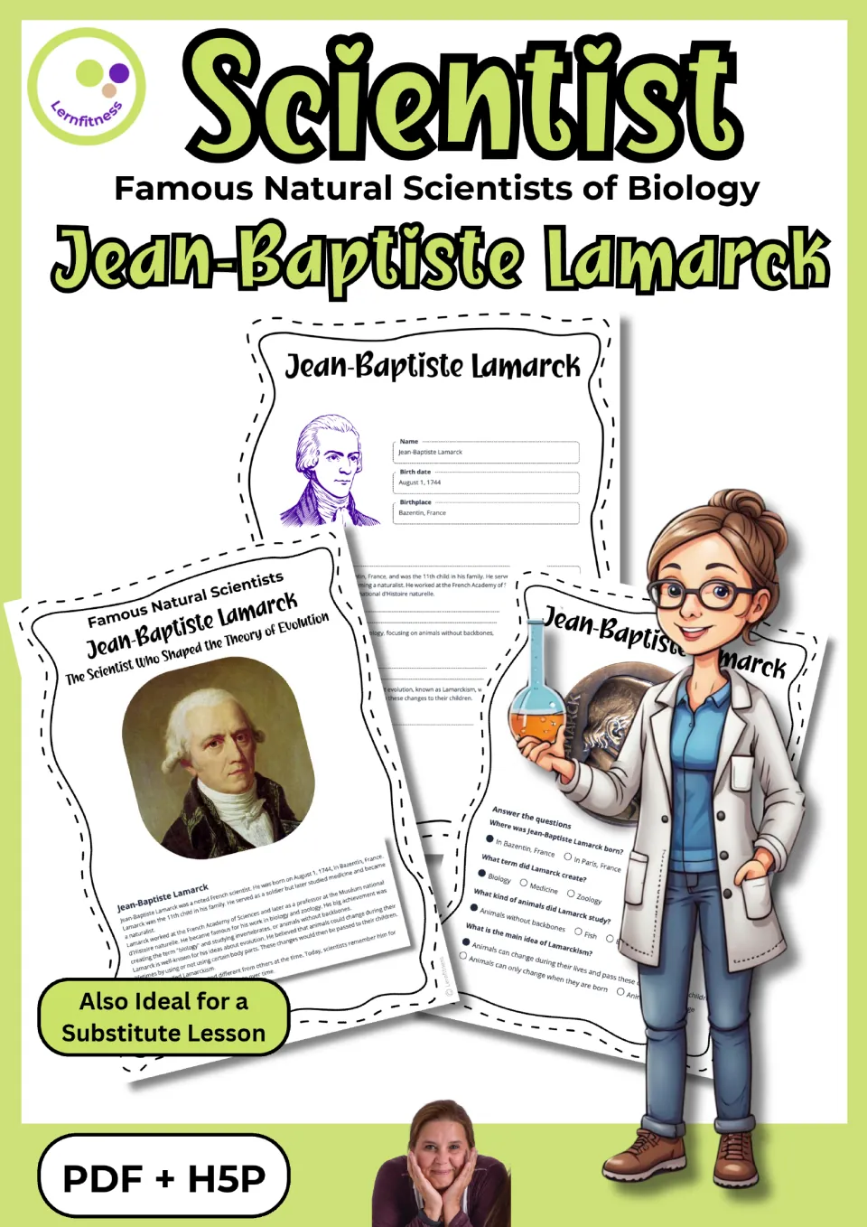 Cover of the Lamarck biography resource showing reading, fact sheet, and quiz samples in PDF and H5P formats