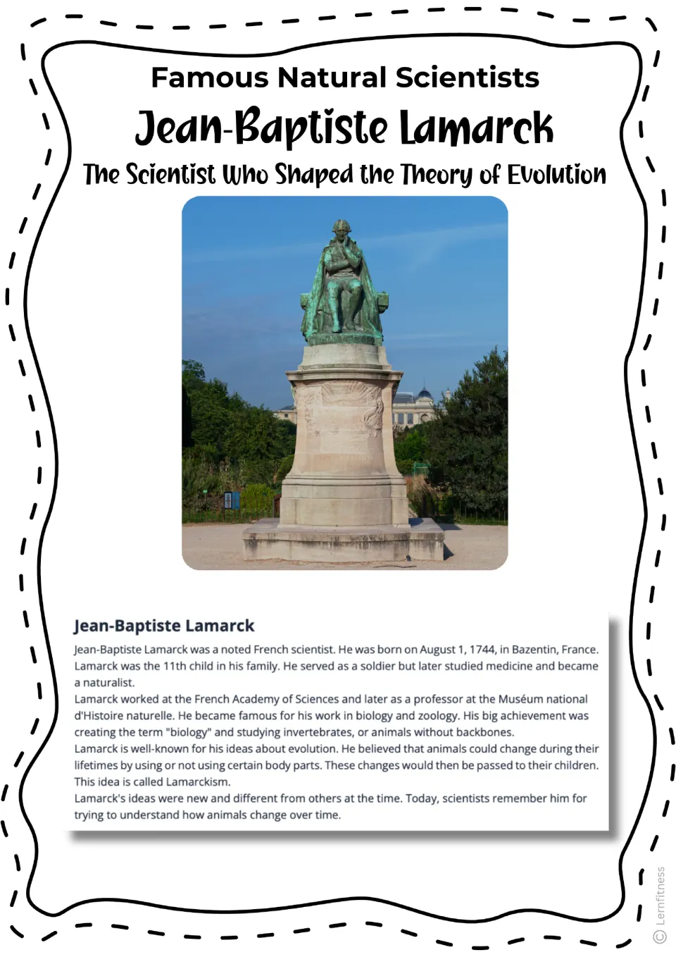 Lamarck reading passage about his life, invertebrate studies, and evolutionary ideas, with a color monument photo
