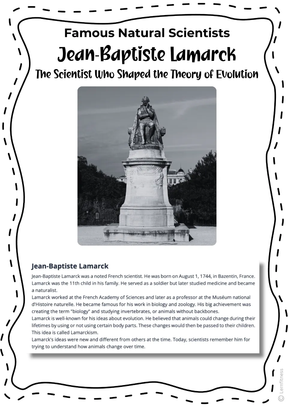Lamarck reading passage about his life and evolutionary ideas, illustrated with a black-and-white monument photo