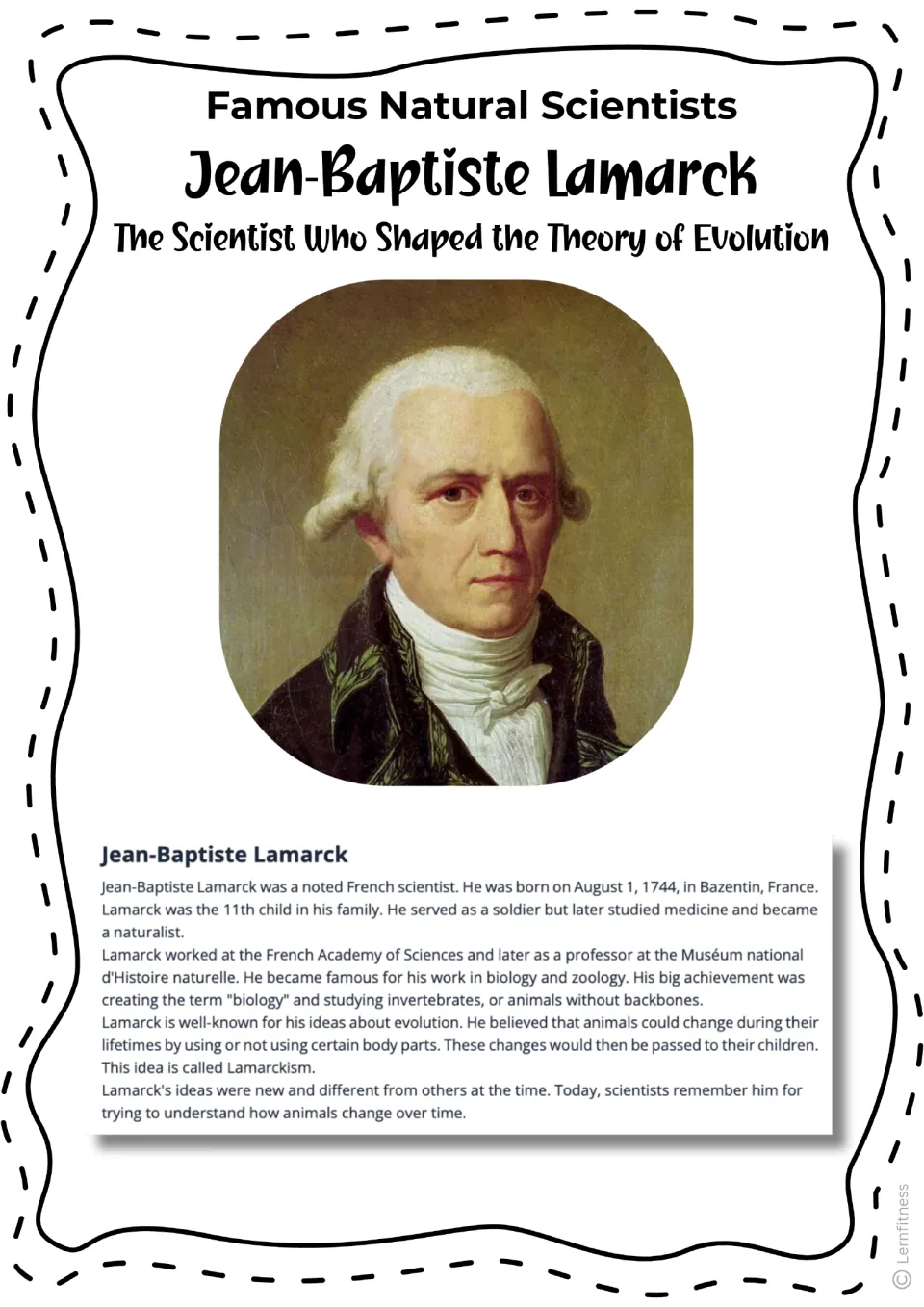 Lamarck reading passage with a color portrait, covering his scientific career and ideas about inherited changes