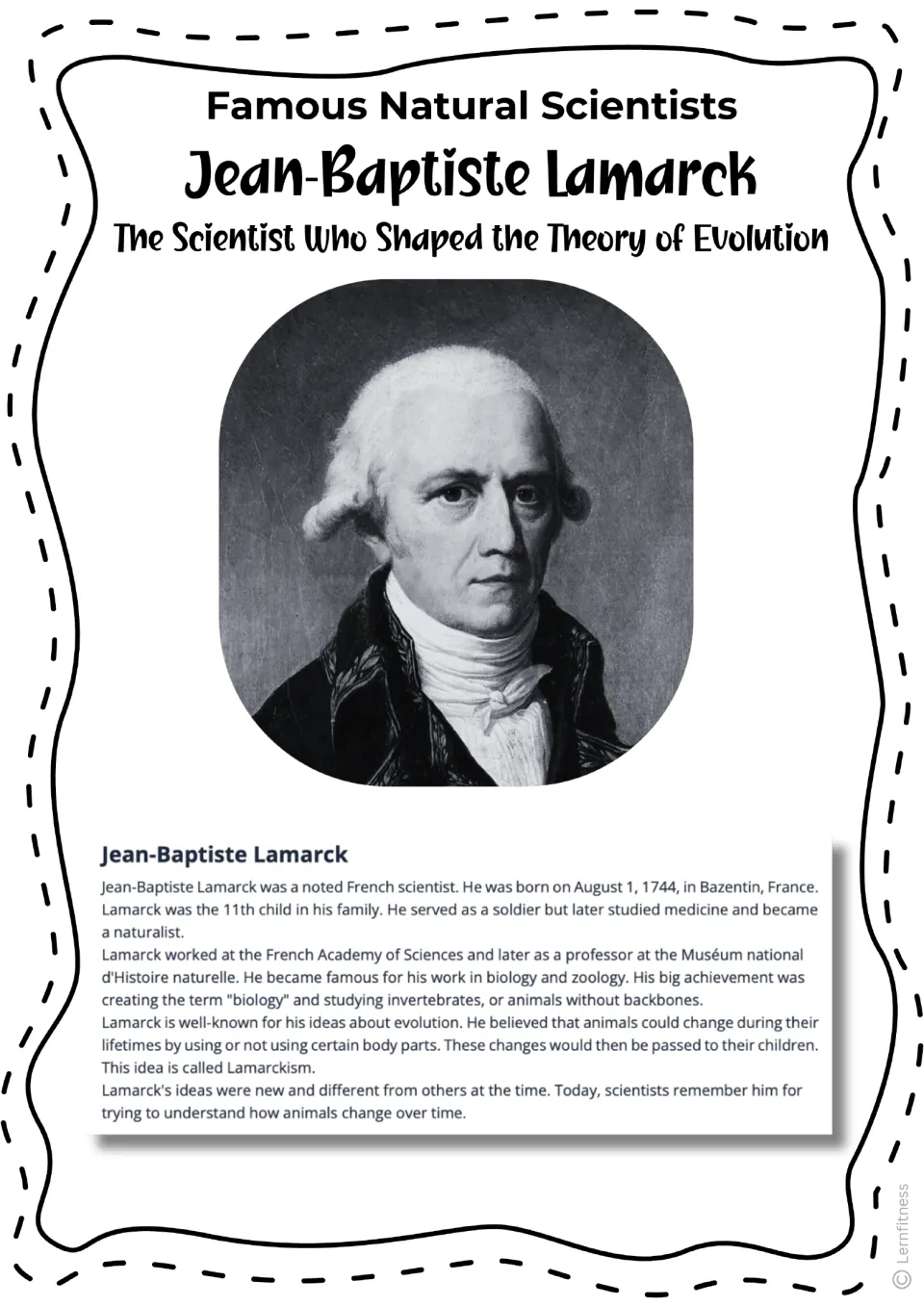 Lamarck reading passage with a black-and-white portrait, covering his life, biology work, and Lamarckism
