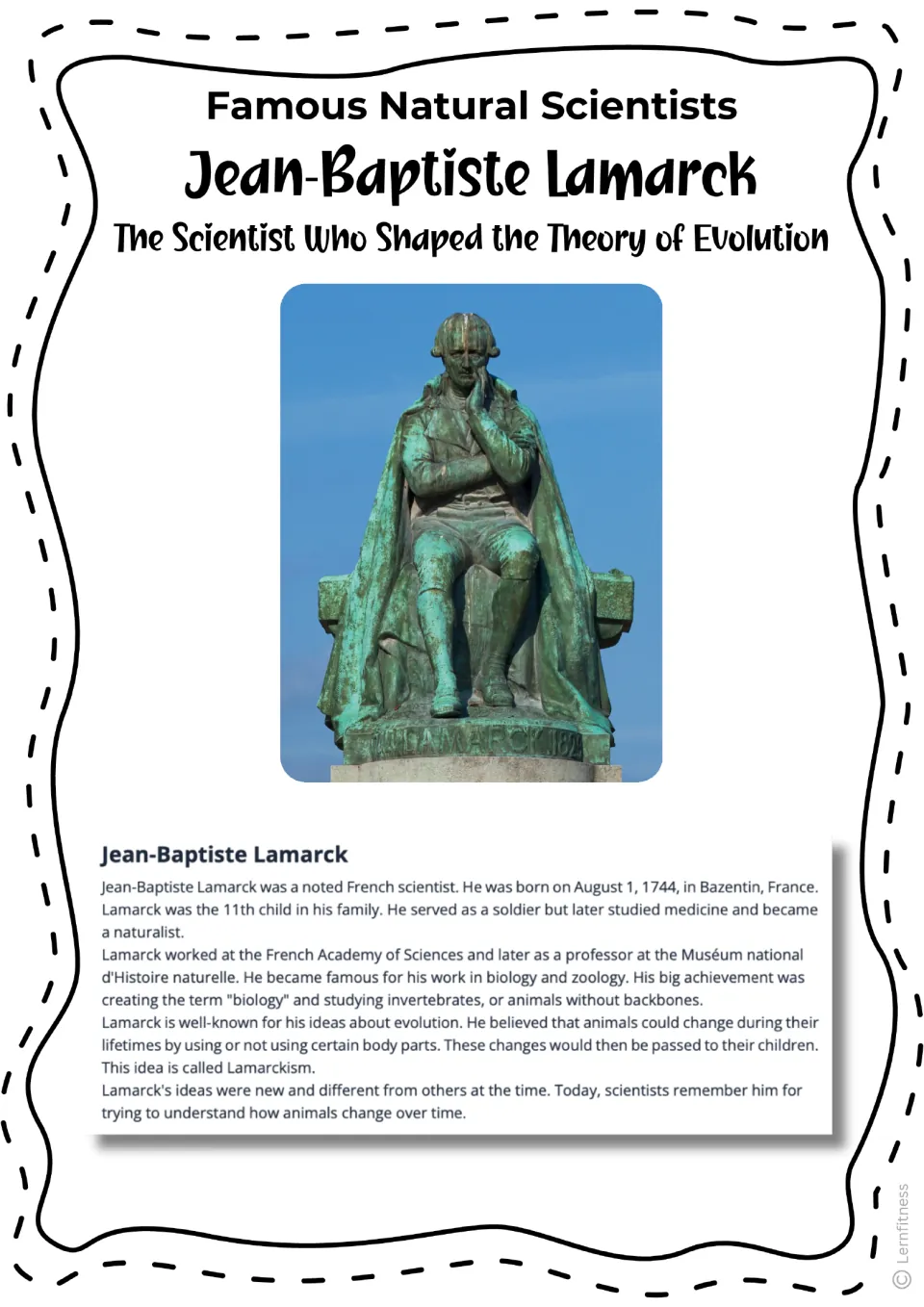 Lamarck reading passage with a close-up color statue photo, describing his life and theory of evolution