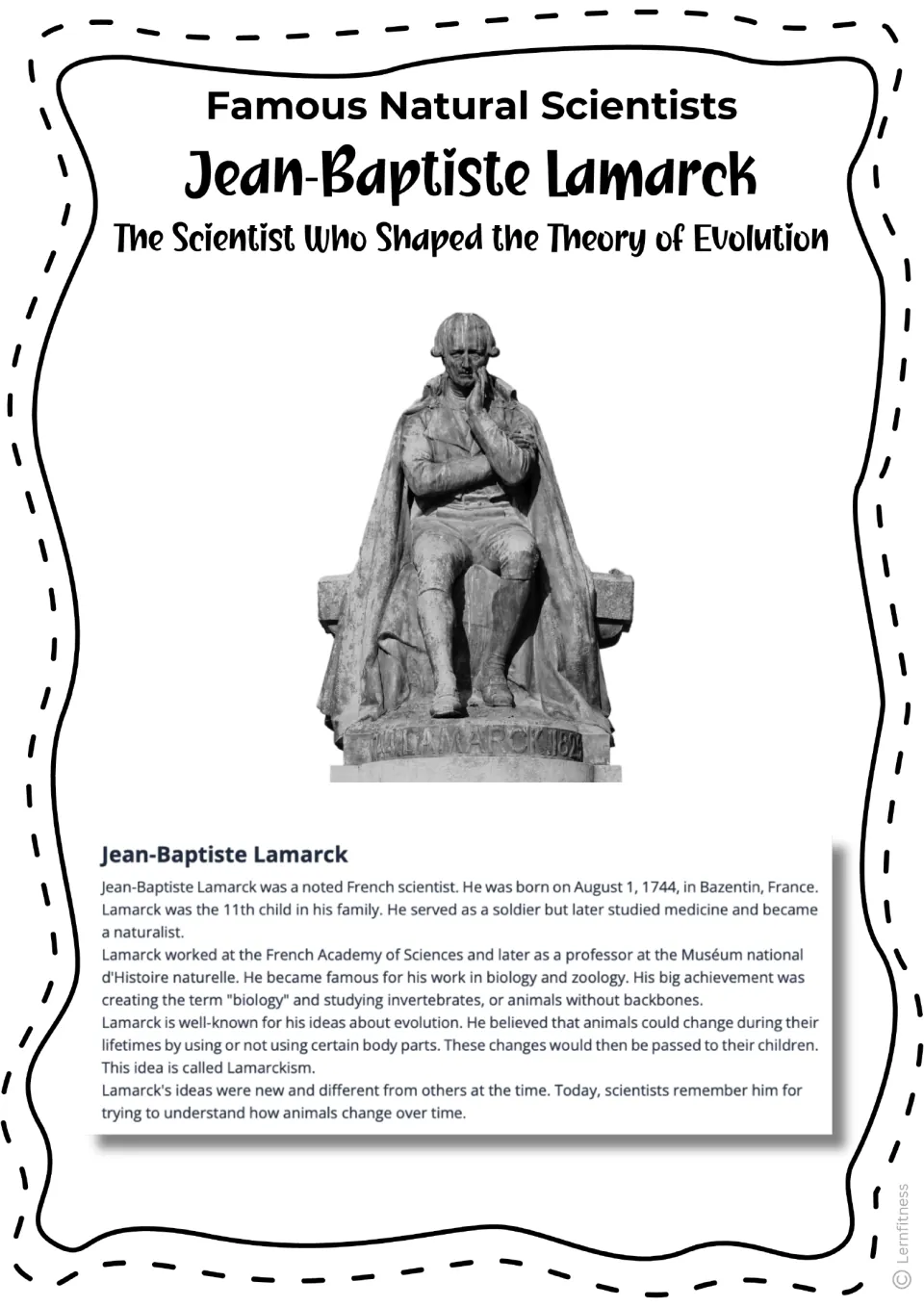 Lamarck reading passage with a black-and-white statue cutout, describing his career and evolutionary ideas